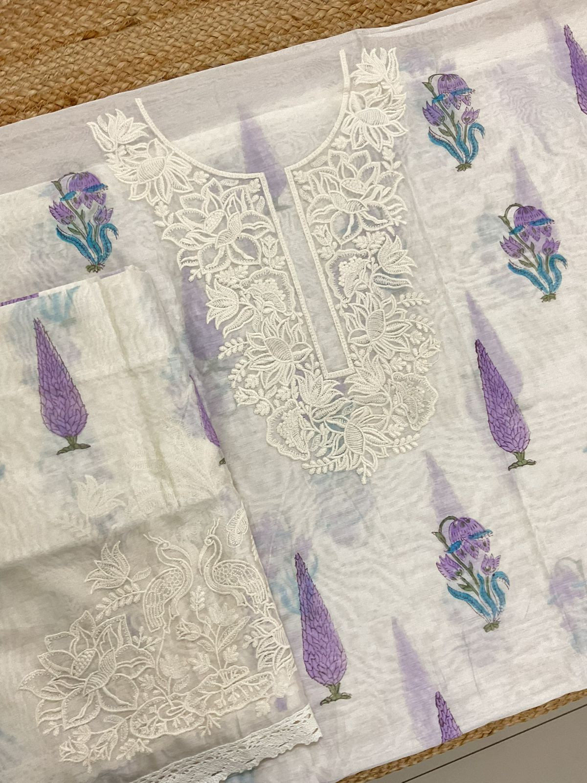 Pure Chanderi Block Printed Embroidered Suit - Off White