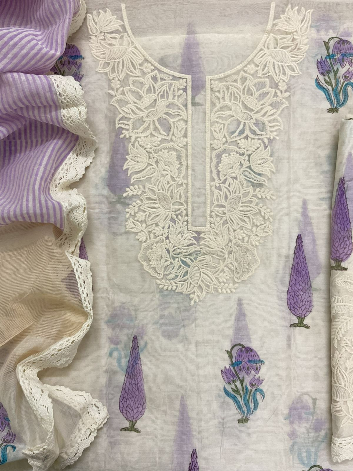 Pure Chanderi Block Printed Embroidered Suit - Off White