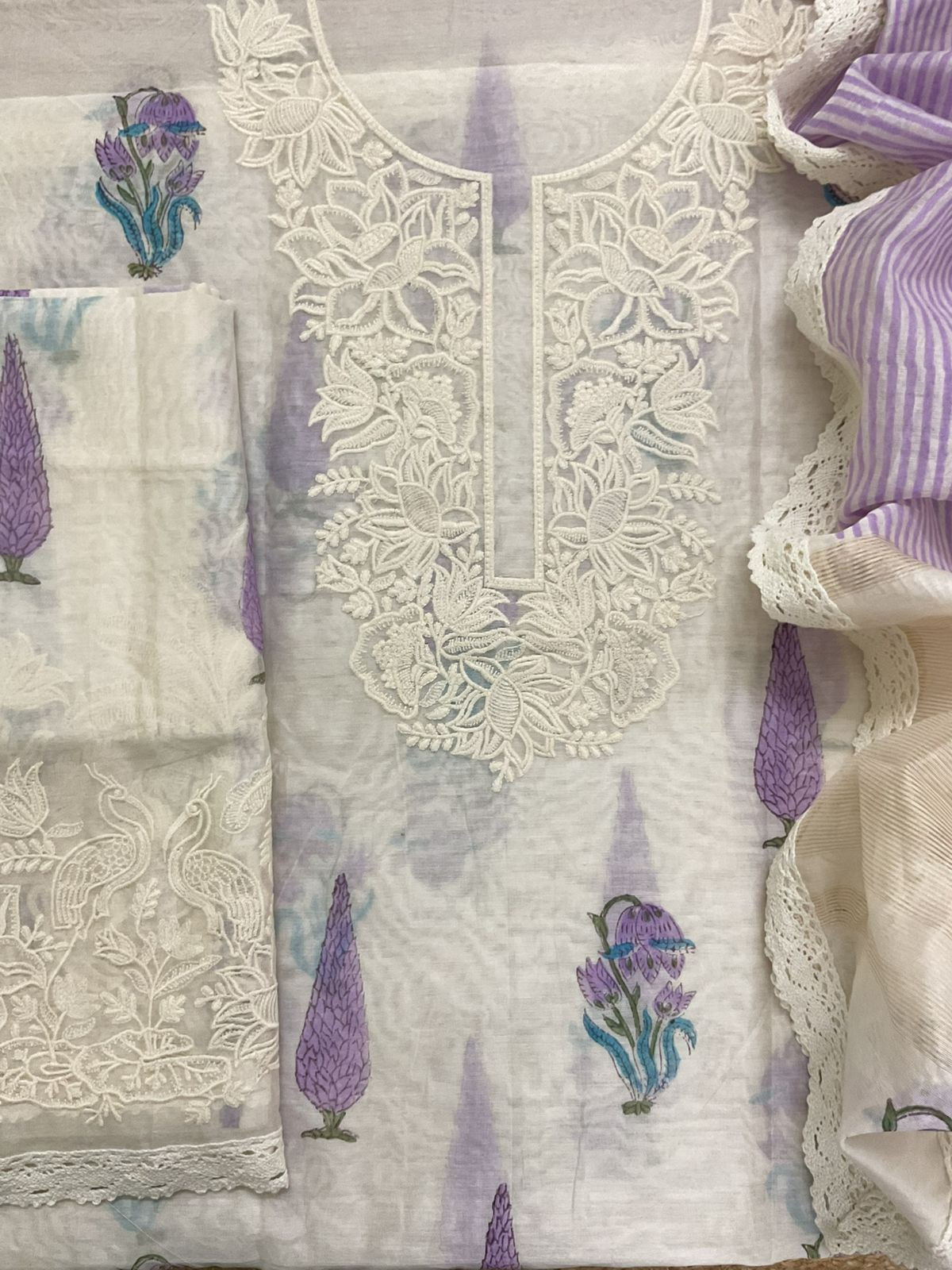 Pure Chanderi Block Printed Embroidered Suit - Off White