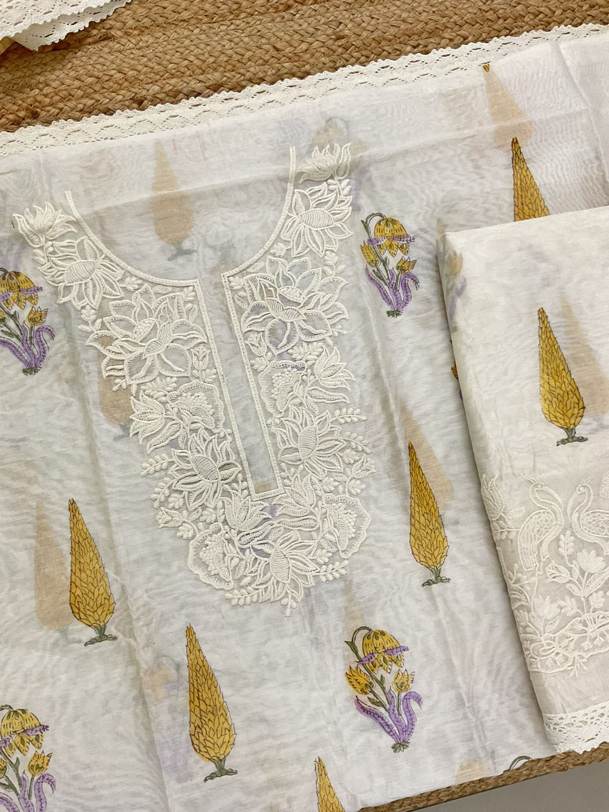 Pure Chanderi Block Printed Embroidered Suit - Off White