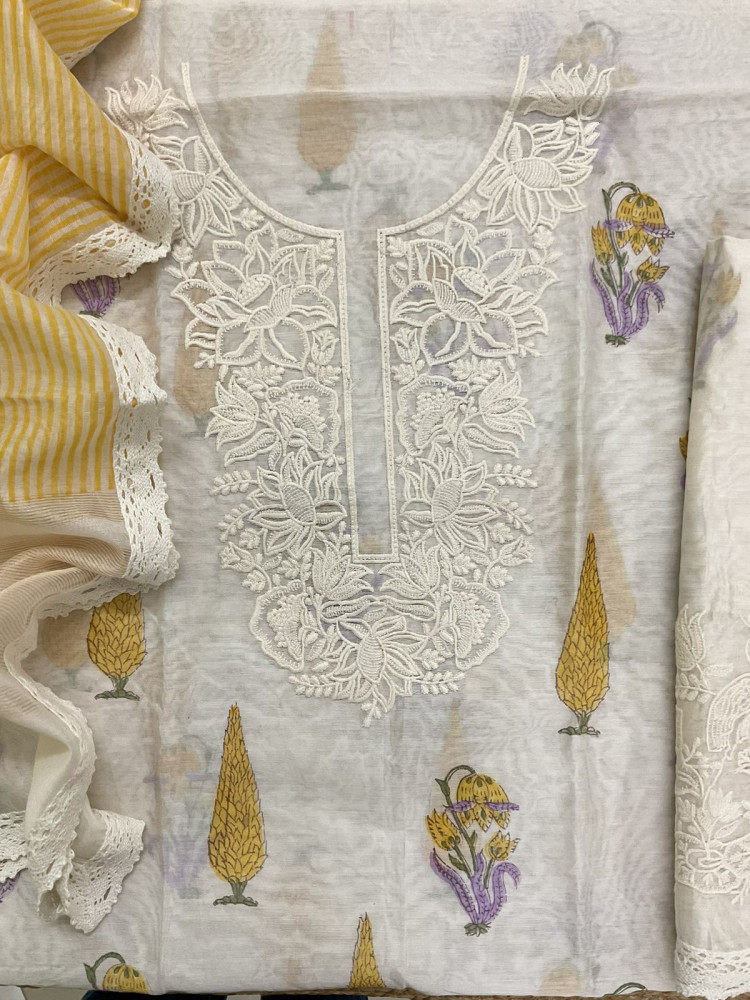 Image of Pure Chanderi Block Printed Embroidered Suit - Off White