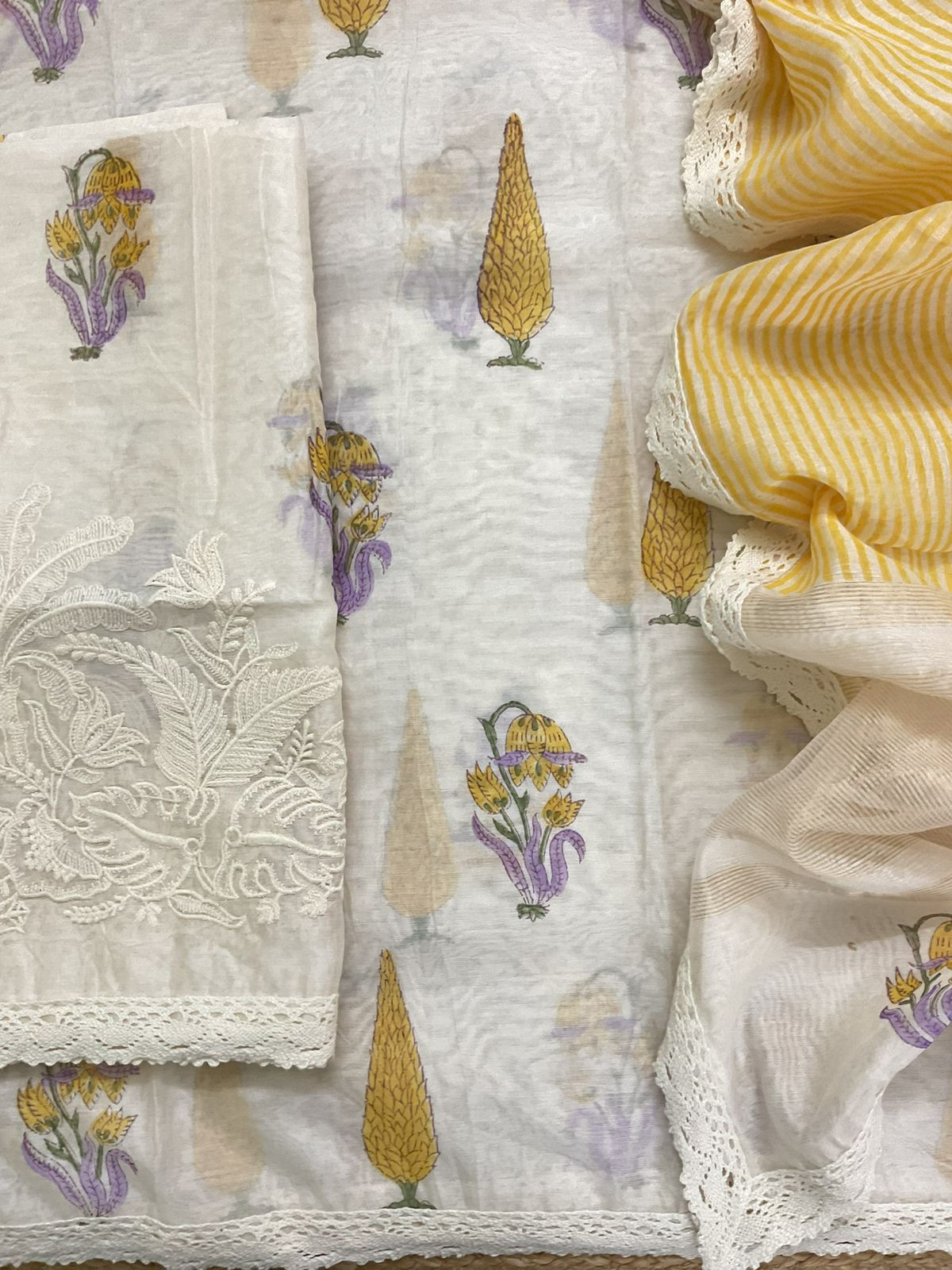 Pure Chanderi Block Printed Embroidered Suit - Off White