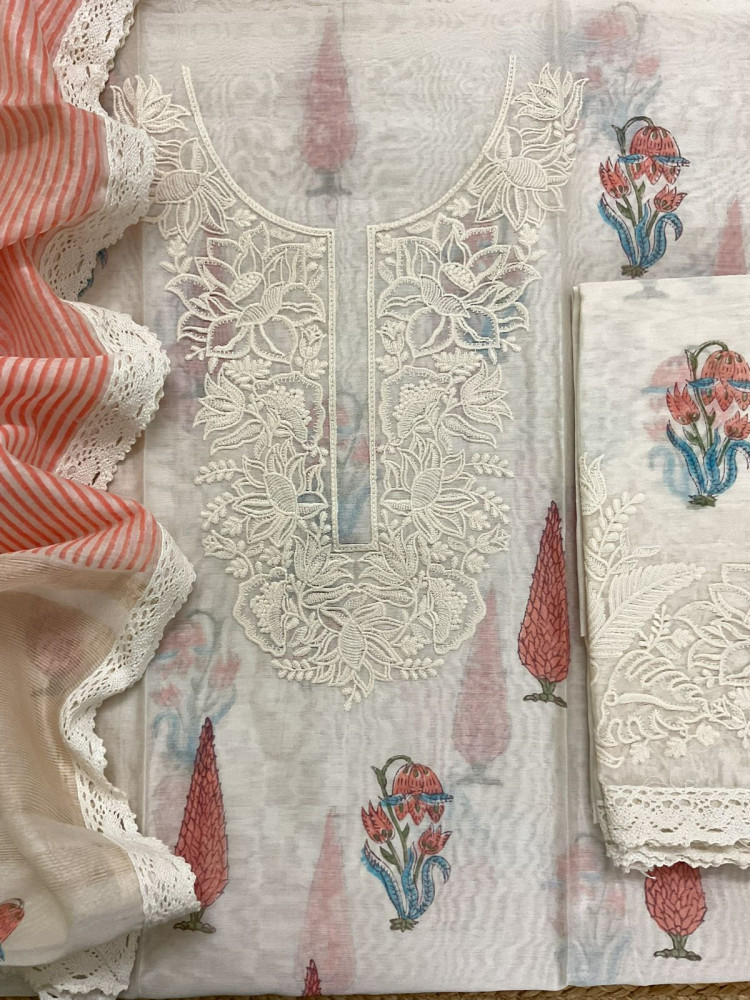Image of Pure Chanderi Block Printed Embroidered Suit - Off White