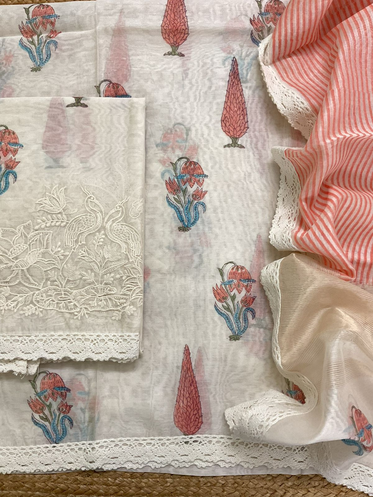 Pure Chanderi Block Printed Embroidered Suit - Off White