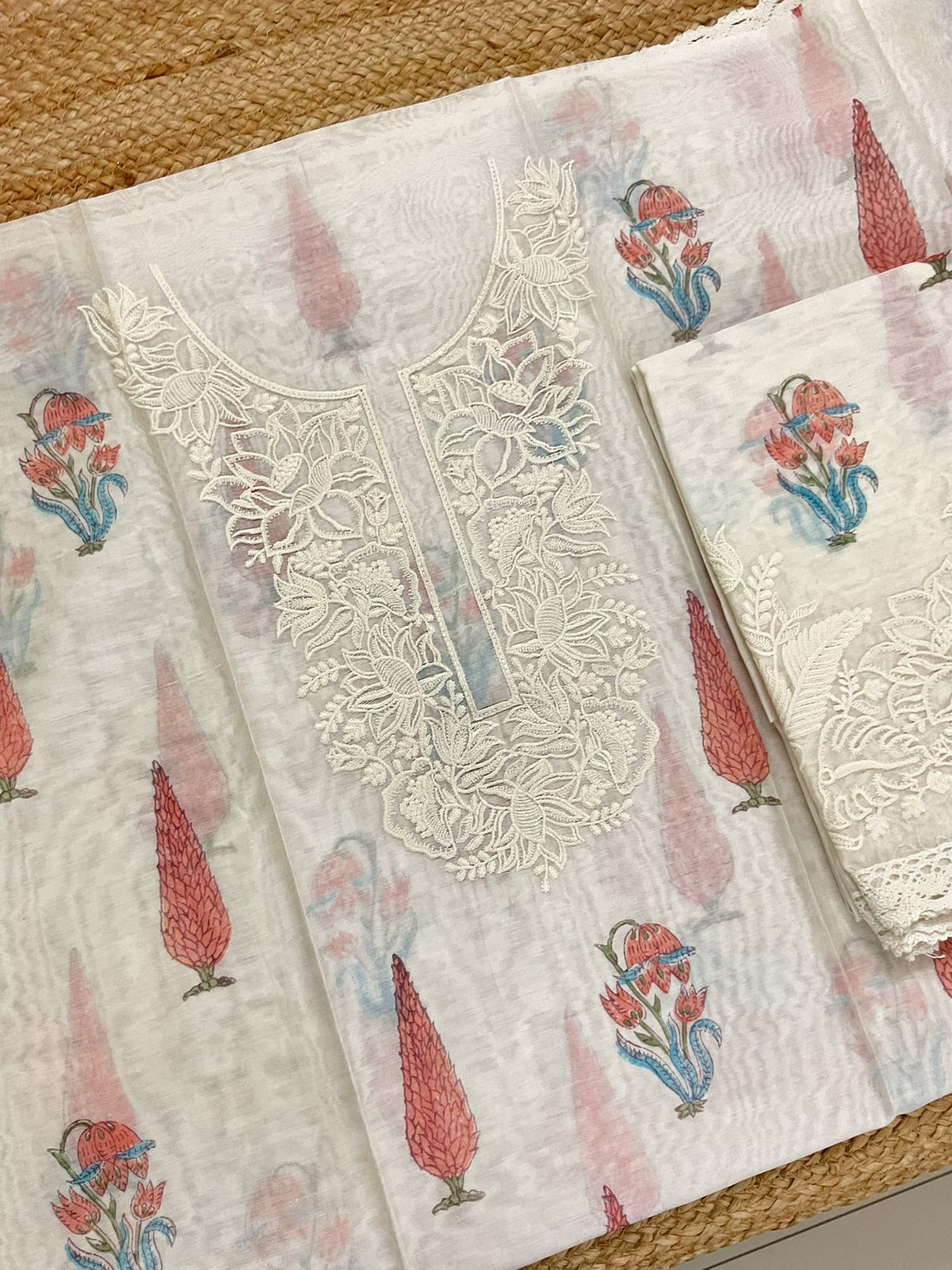 Pure Chanderi Block Printed Embroidered Suit - Off White