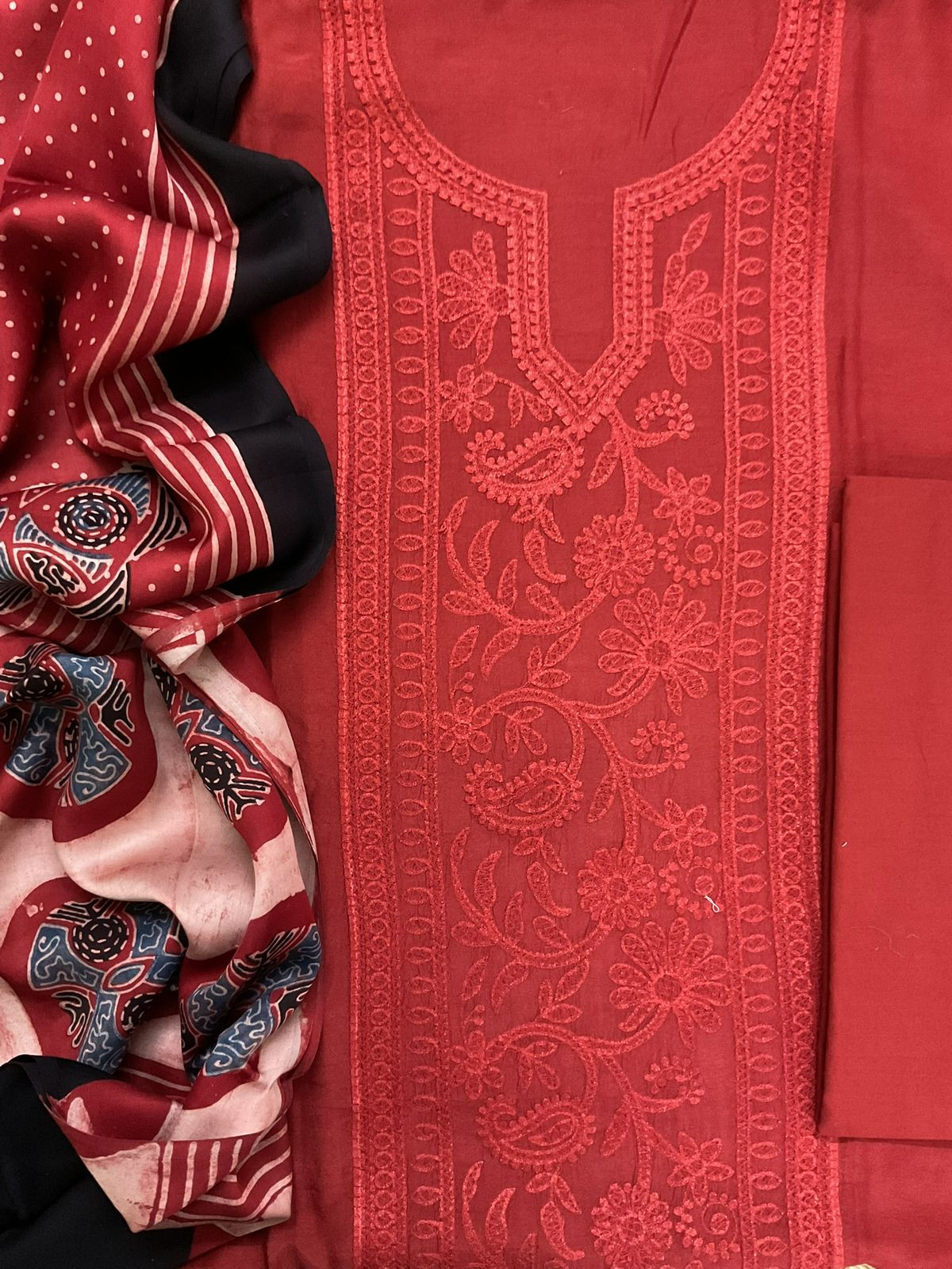 Pure Muslin Printed Embroidered Suit - Red