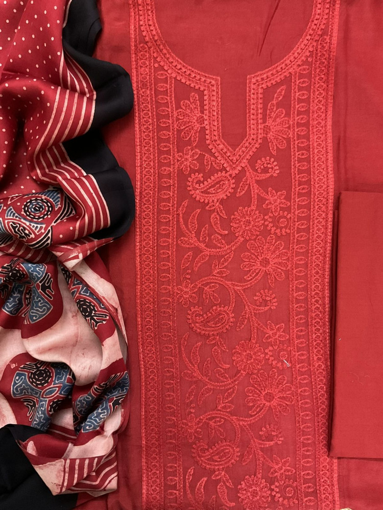 Image of Pure Muslin Printed Embroidered Suit - Red