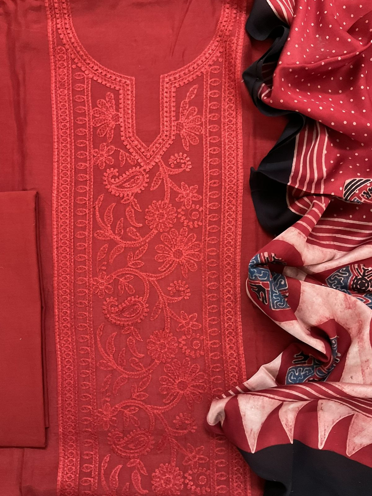 Pure Muslin Printed Embroidered Suit - Red