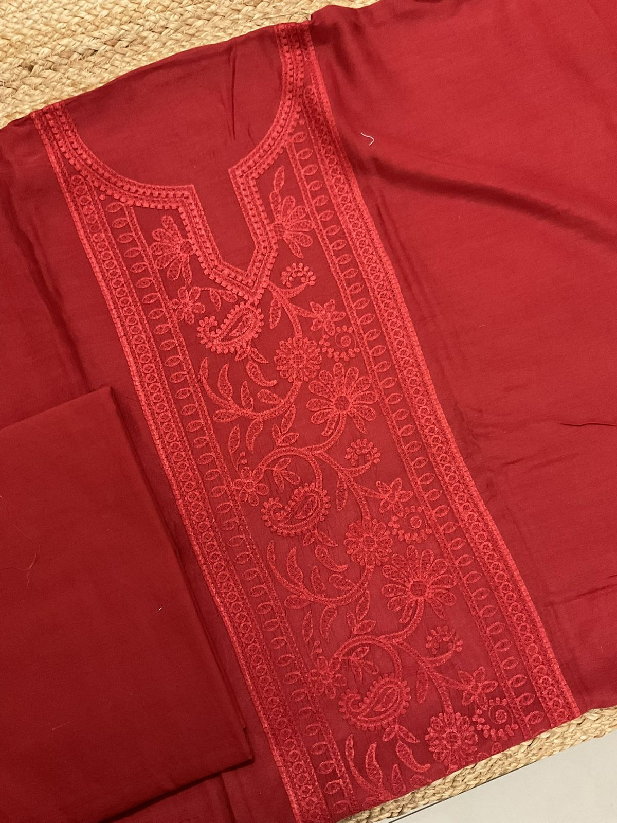 Pure Muslin Printed Embroidered Suit - Red