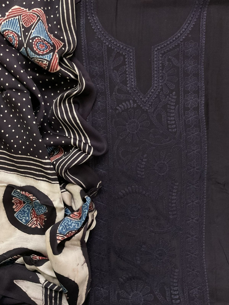 Image of Pure Muslin Printed Embroidered Suit - Black