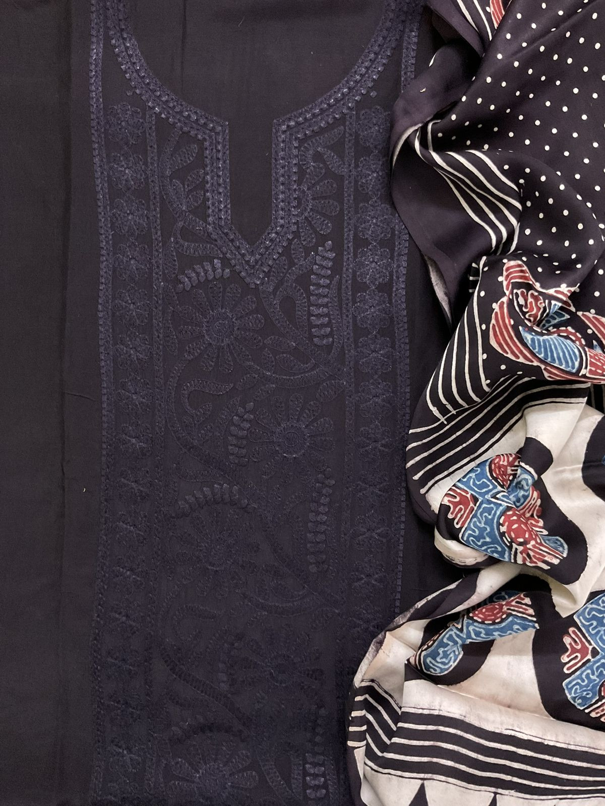 Pure Muslin Printed Embroidered Suit - Black