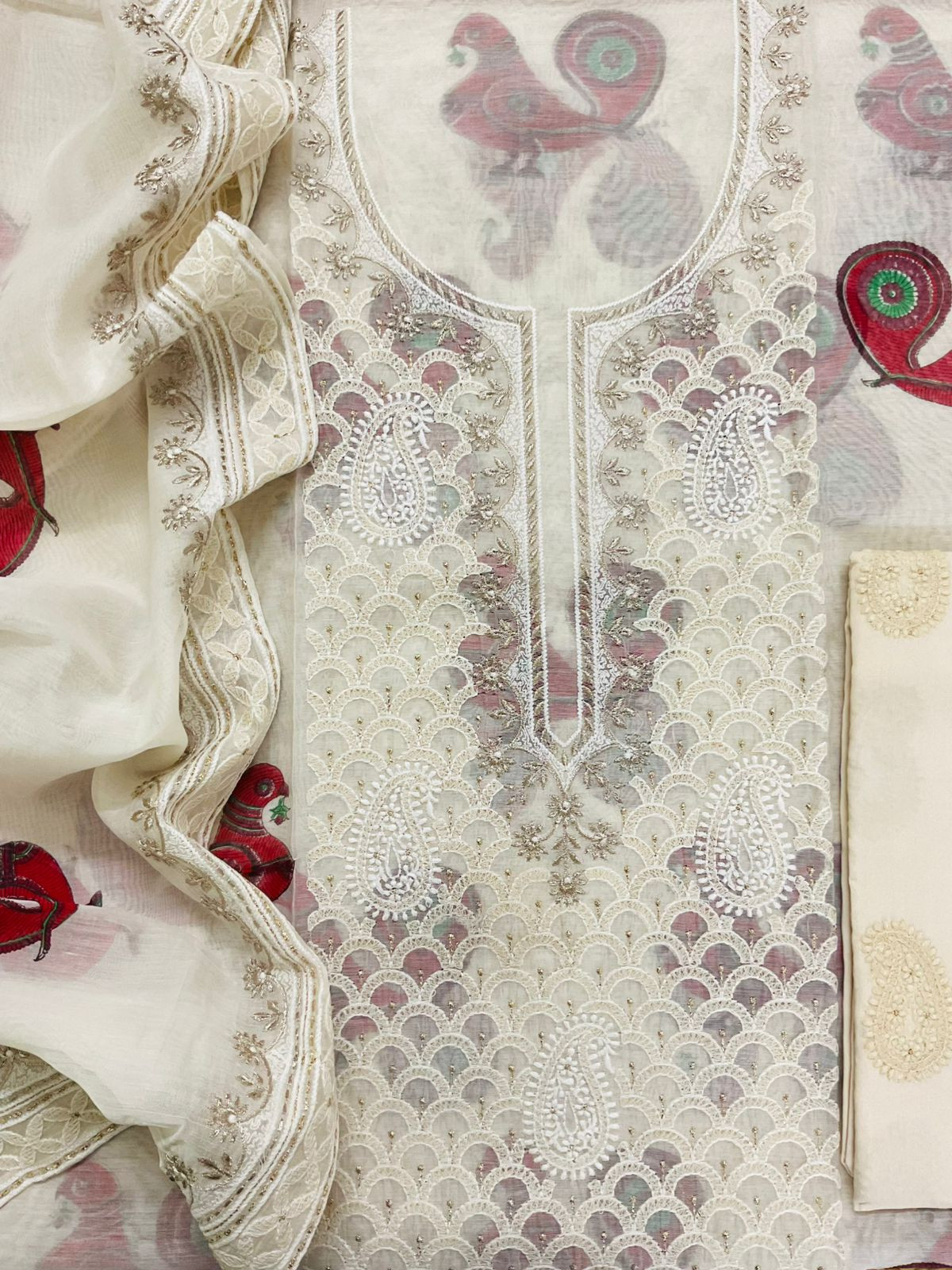 Pure Chanderi Block Printed Embroidered Suit - Off White