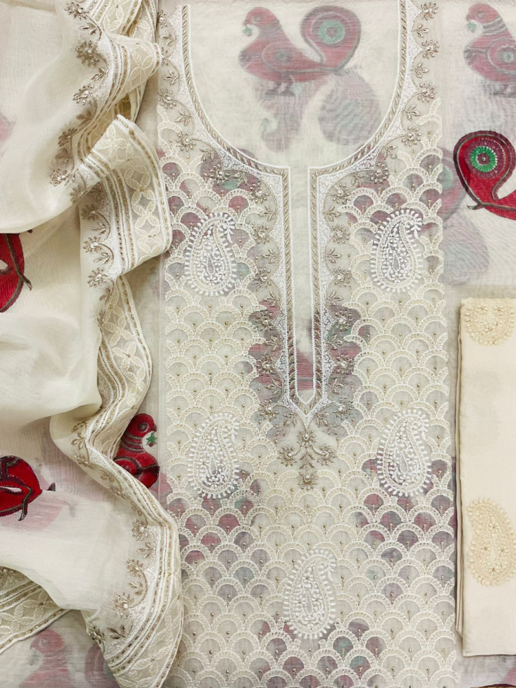Image of Pure Chanderi Block Printed Embroidered Suit - Off White