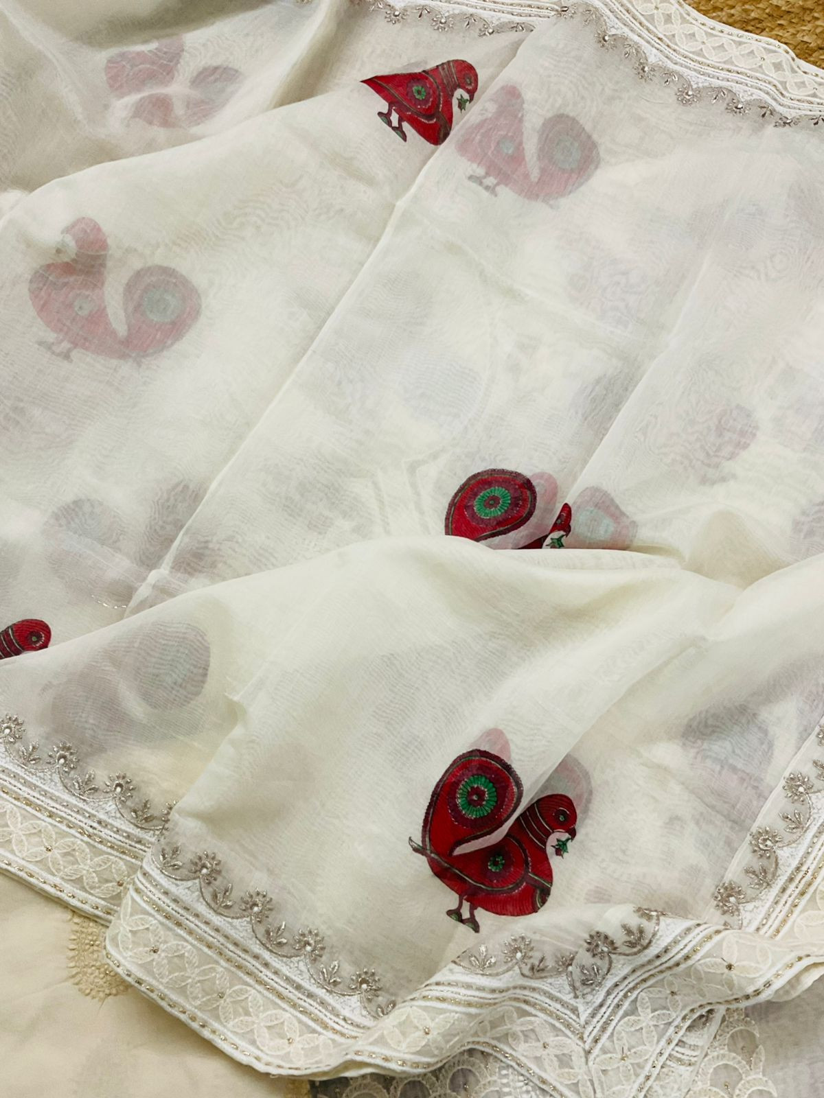 Pure Chanderi Block Printed Embroidered Suit - Off White