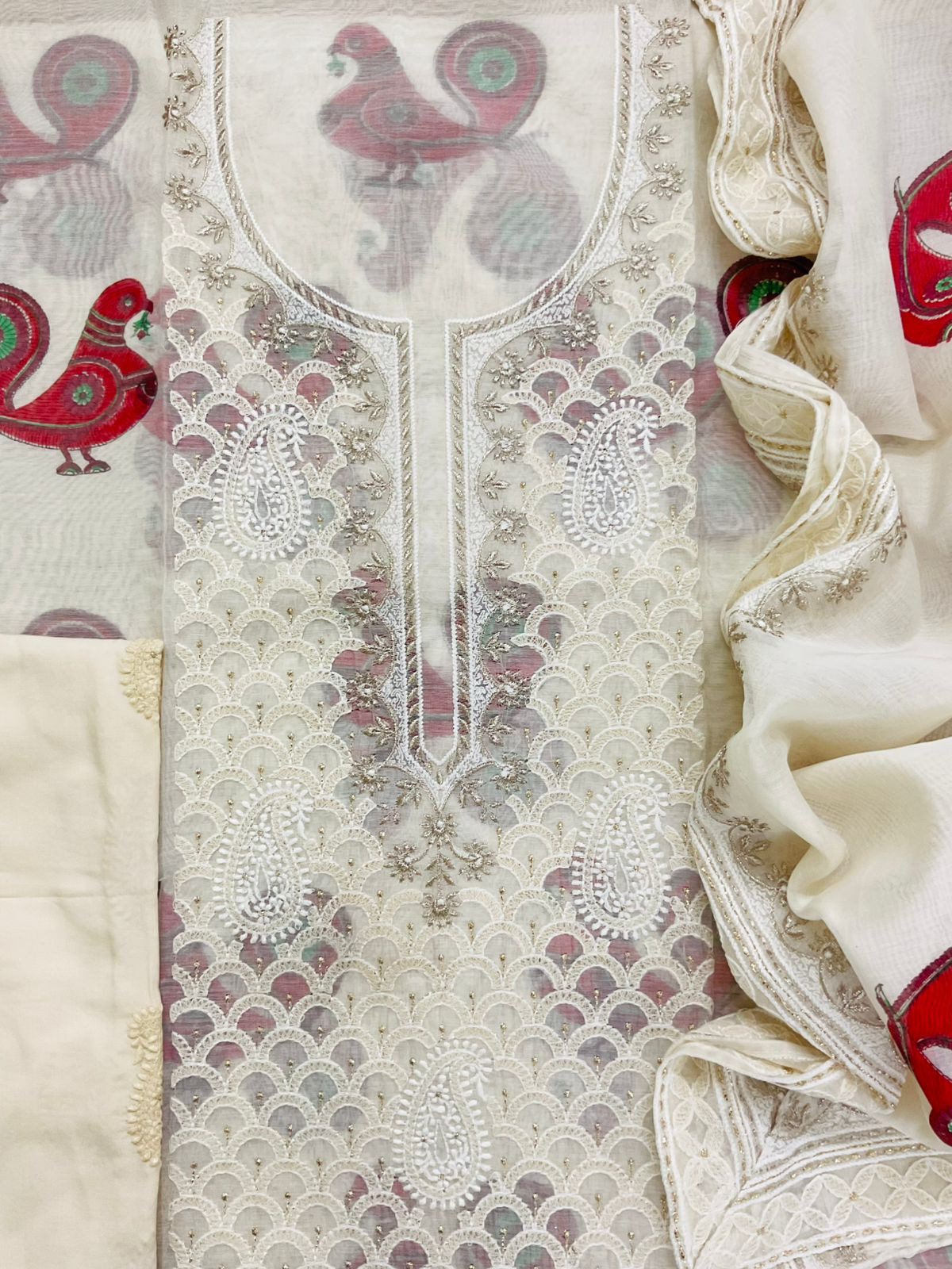 Pure Chanderi Block Printed Embroidered Suit - Off White
