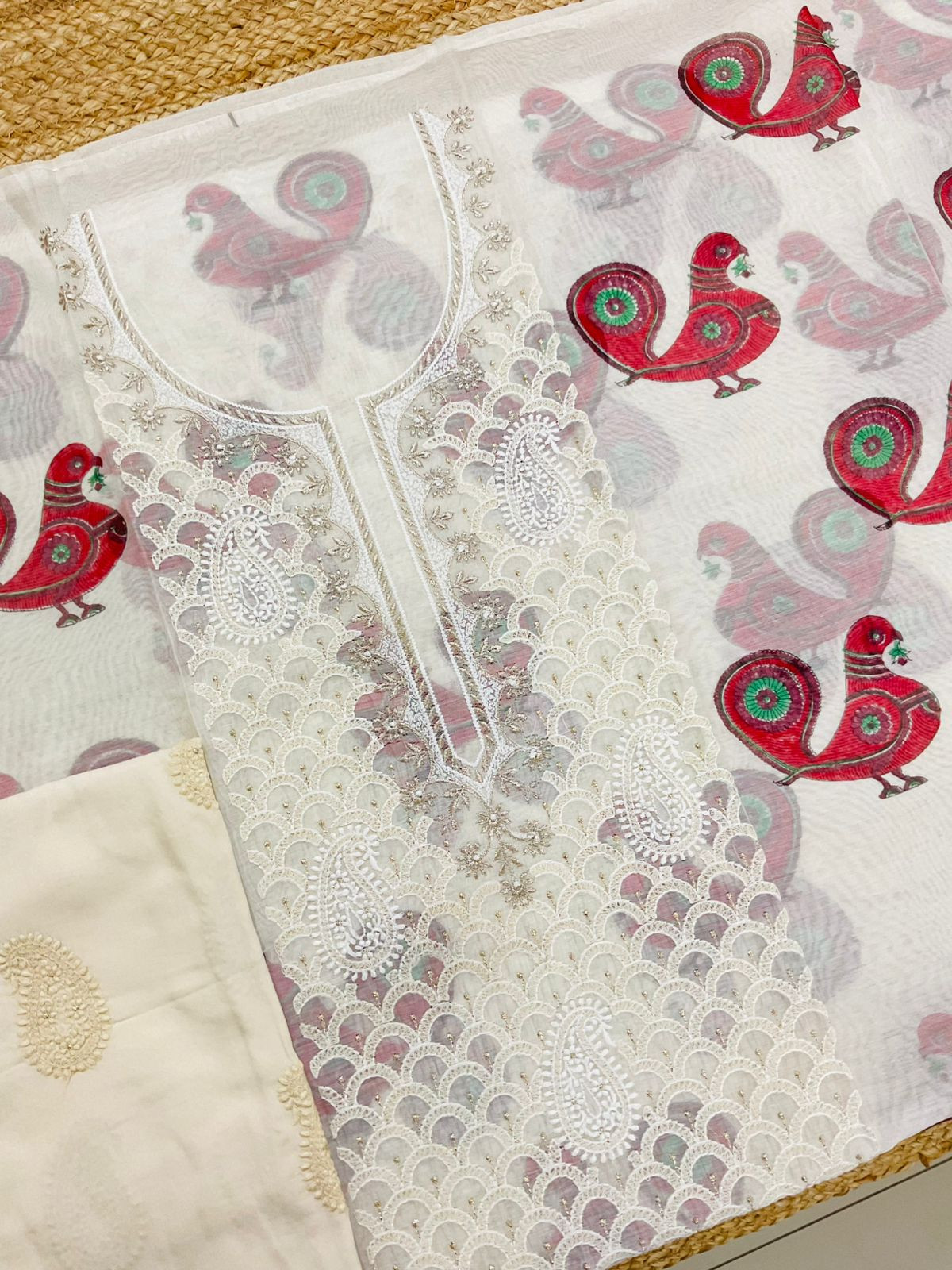 Pure Chanderi Block Printed Embroidered Suit - Off White