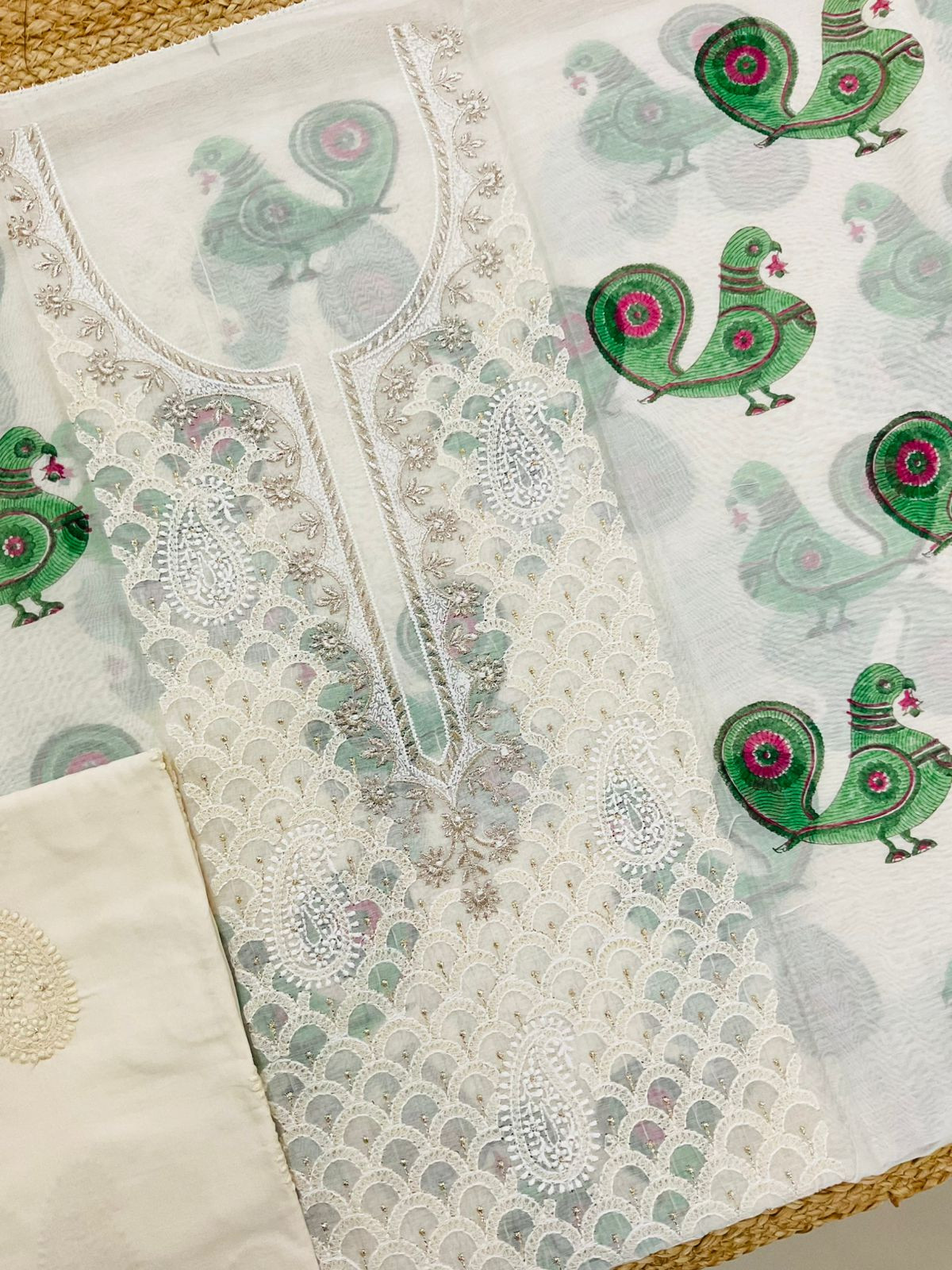 Pure Chanderi Block Printed Embroidered Suit - Off White