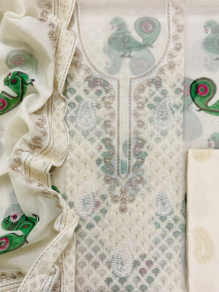 Image of Pure Chanderi Block Printed Embroidered Suit - Off White