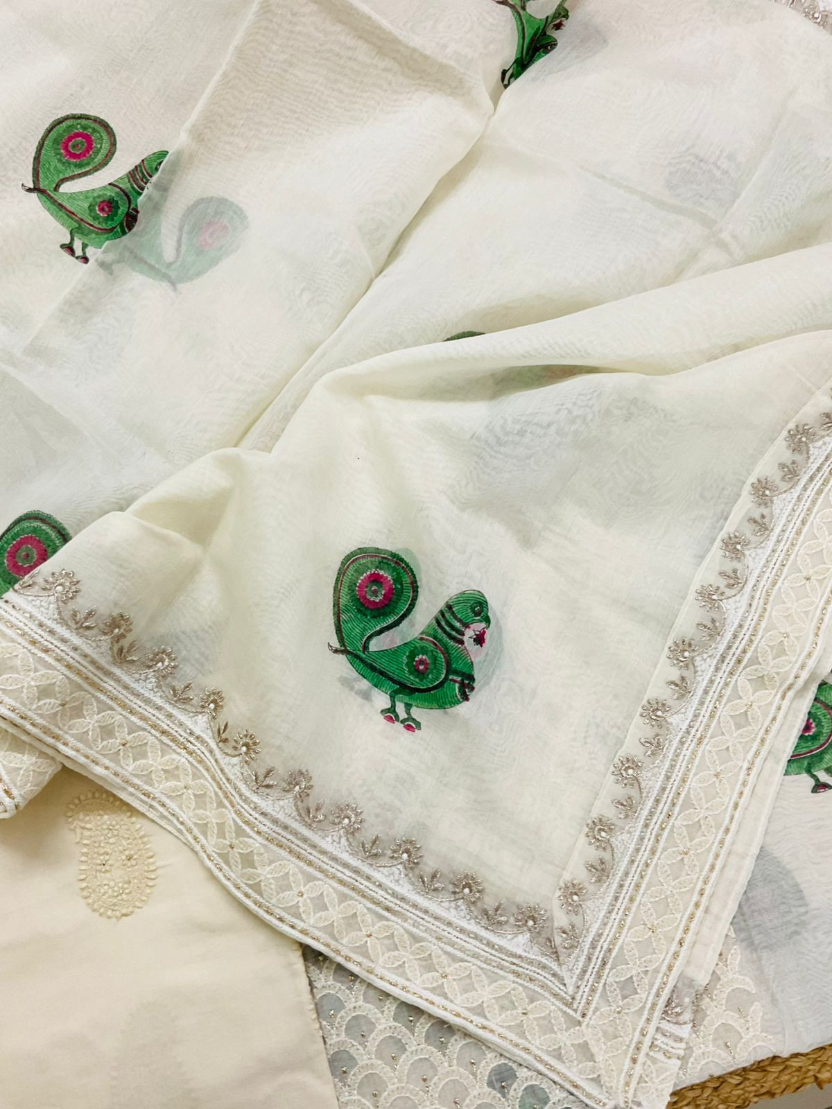 Pure Chanderi Block Printed Embroidered Suit - Off White