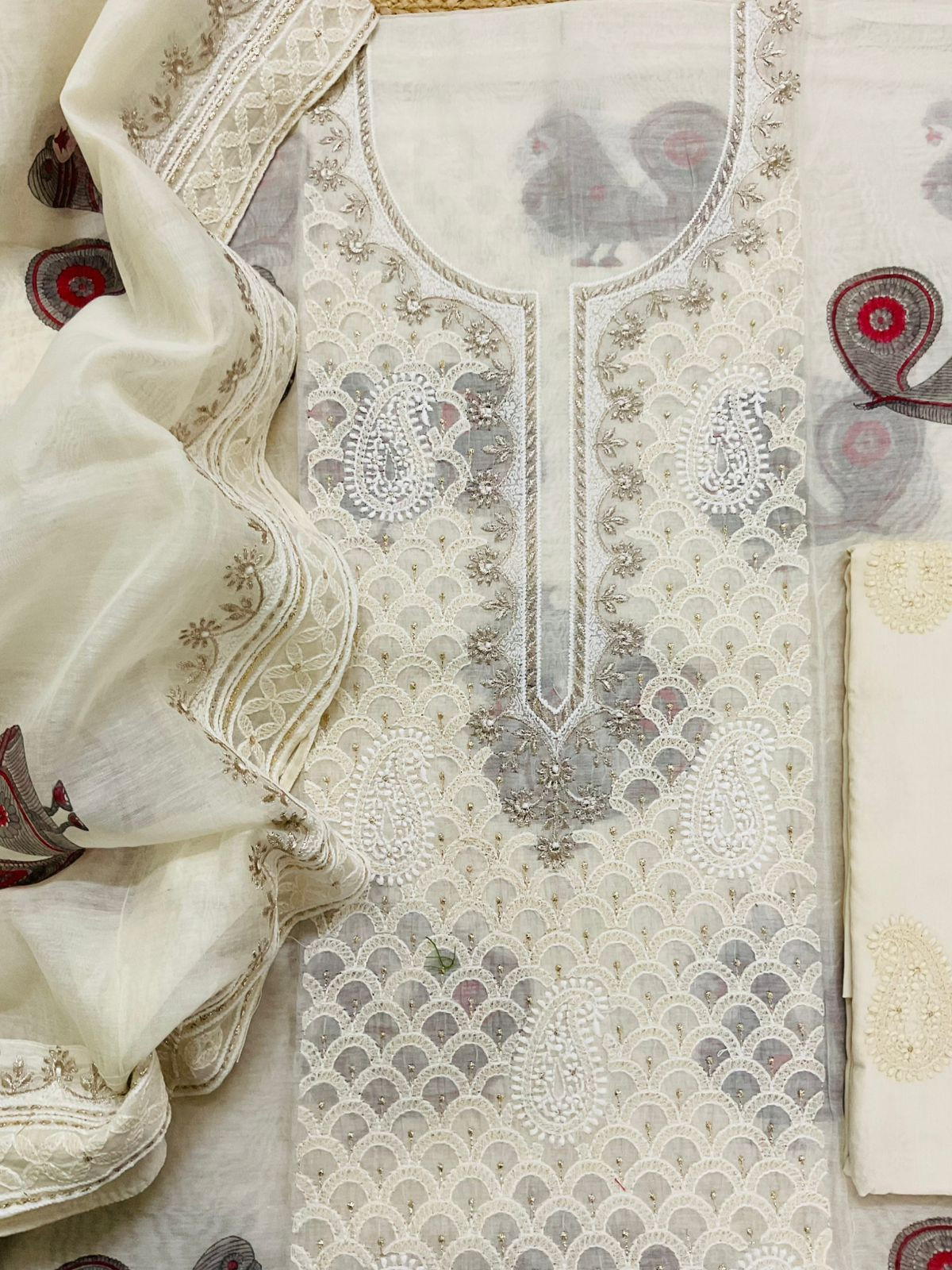 Pure Chanderi Block Printed Embroidered Suit - Off White