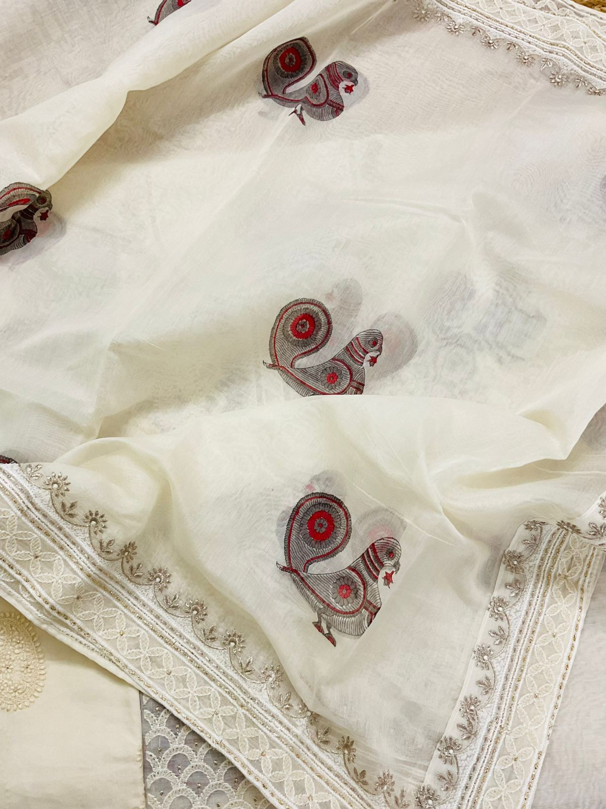 Pure Chanderi Block Printed Embroidered Suit - Off White