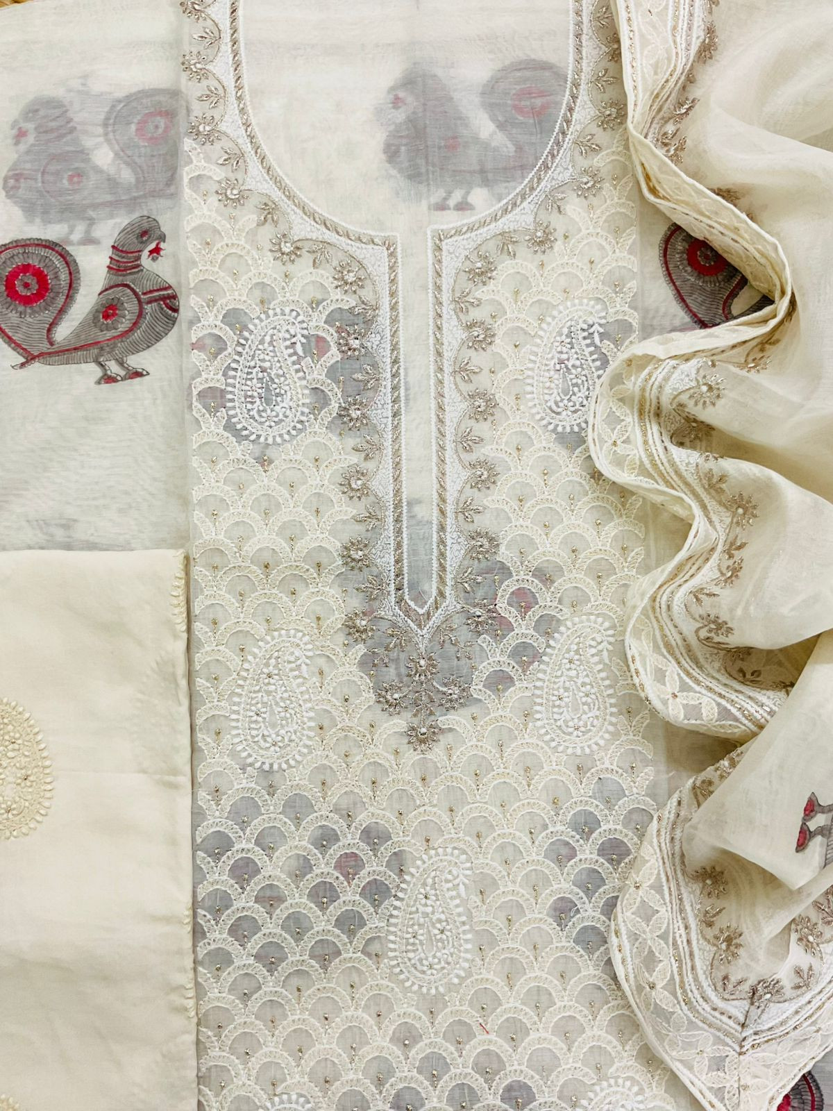 Pure Chanderi Block Printed Embroidered Suit - Off White