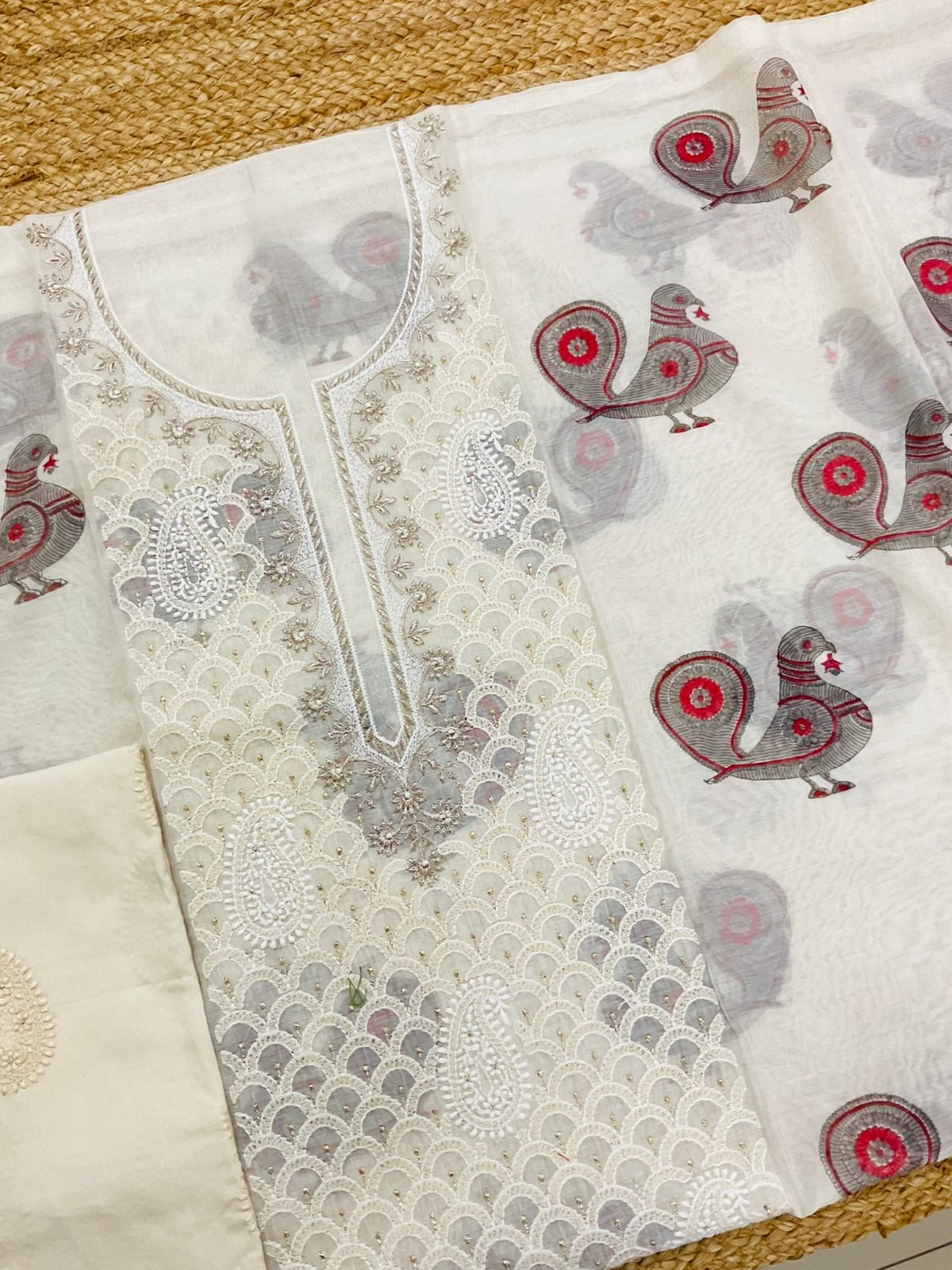 Pure Chanderi Block Printed Embroidered Suit - Off White