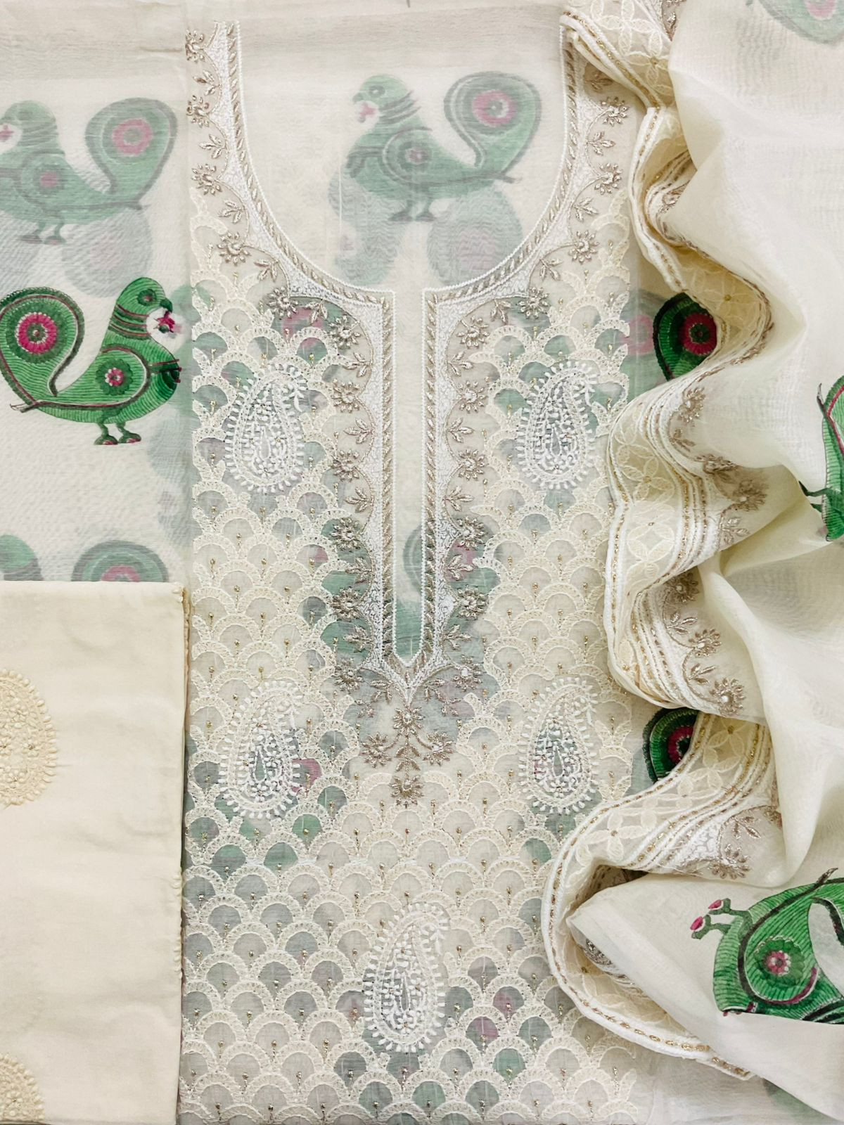 Pure Chanderi Block Printed Embroidered Suit - Off White