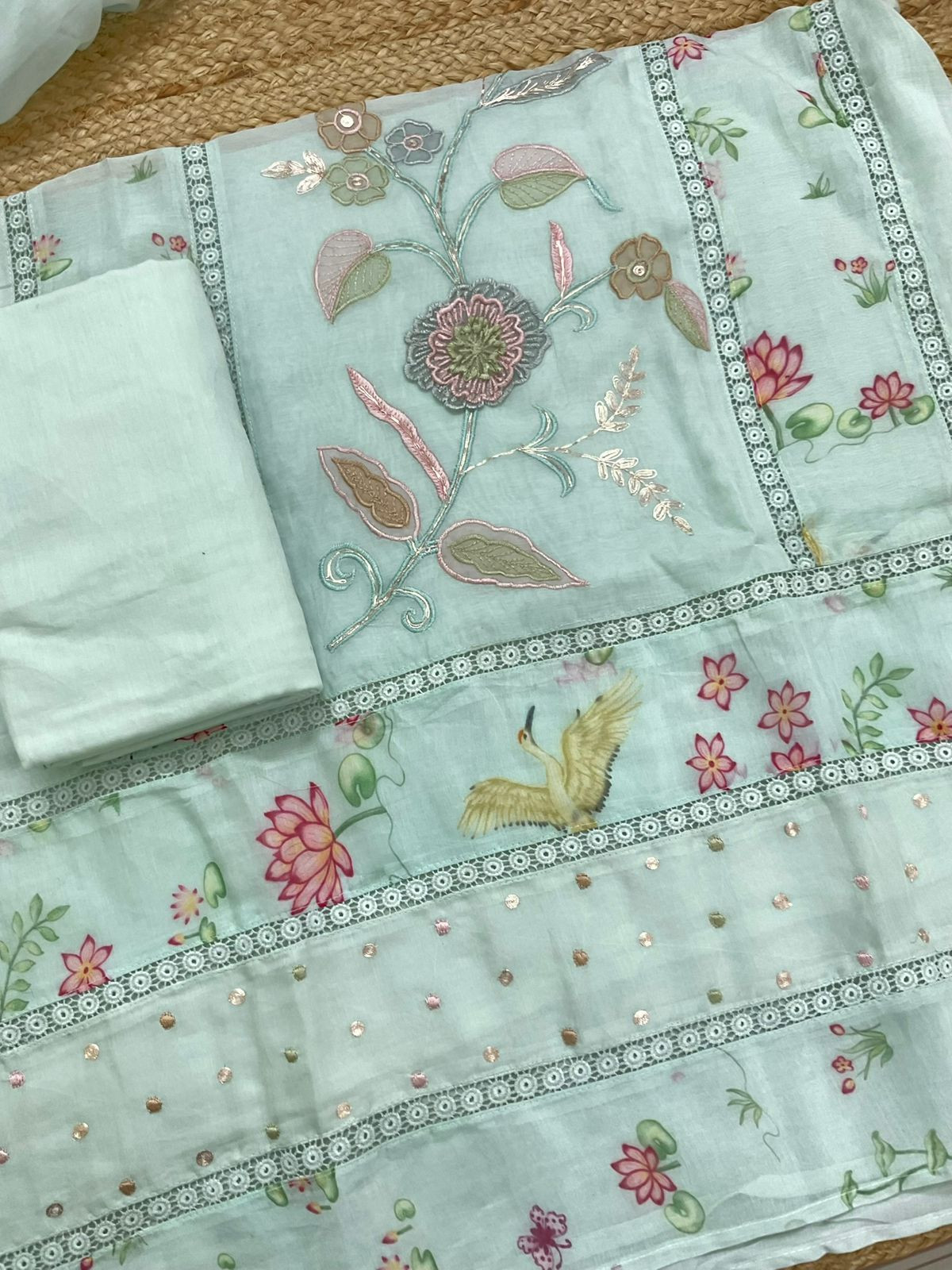 Pure Chanderi Printed Embroidered Suit - Sea Green