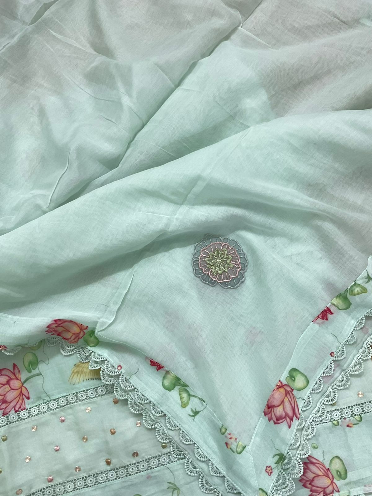 Pure Chanderi Printed Embroidered Suit - Sea Green