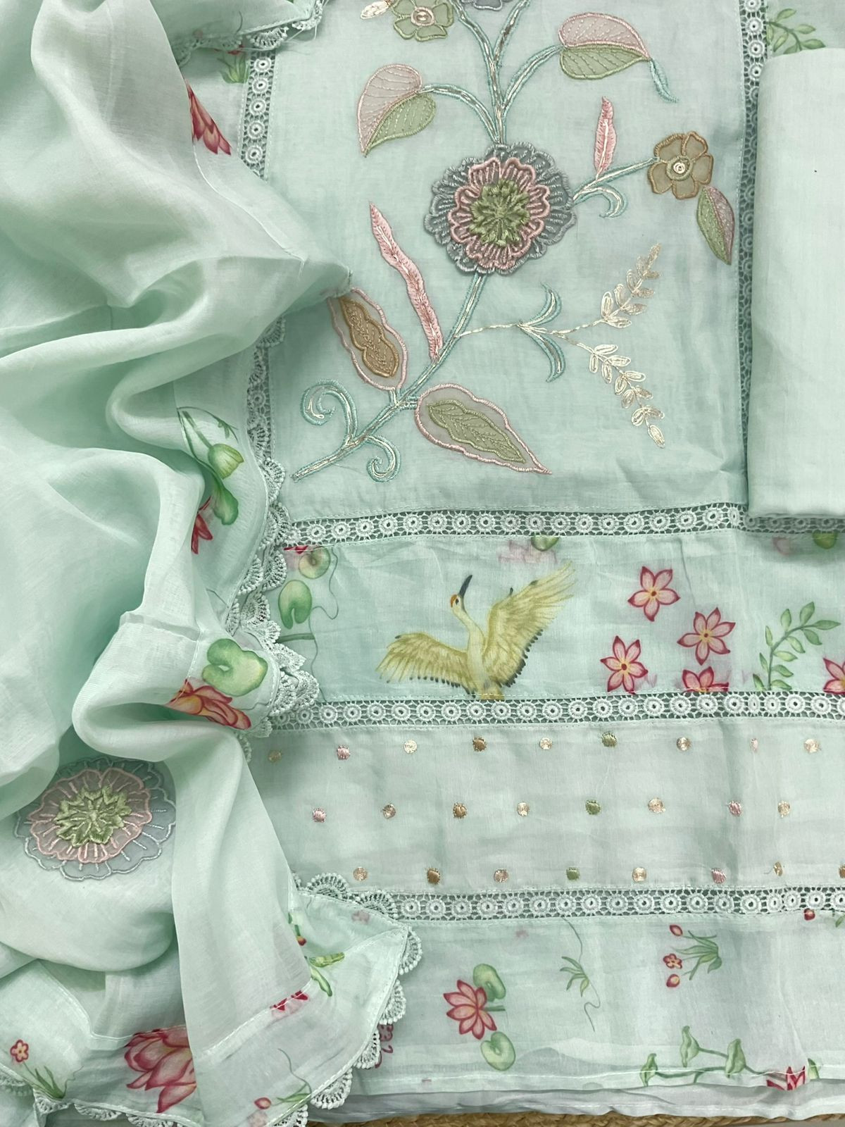 Pure Chanderi Printed Embroidered Suit - Sea Green