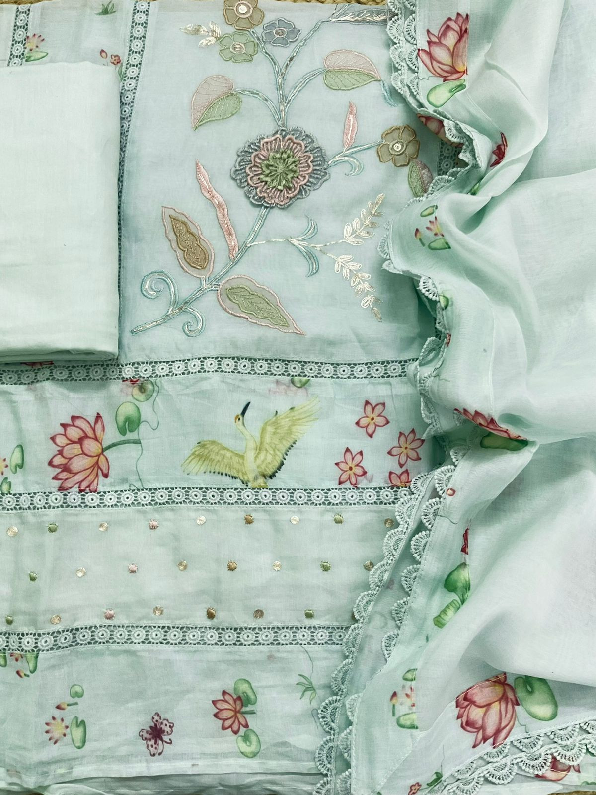 Pure Chanderi Printed Embroidered Suit - Sea Green