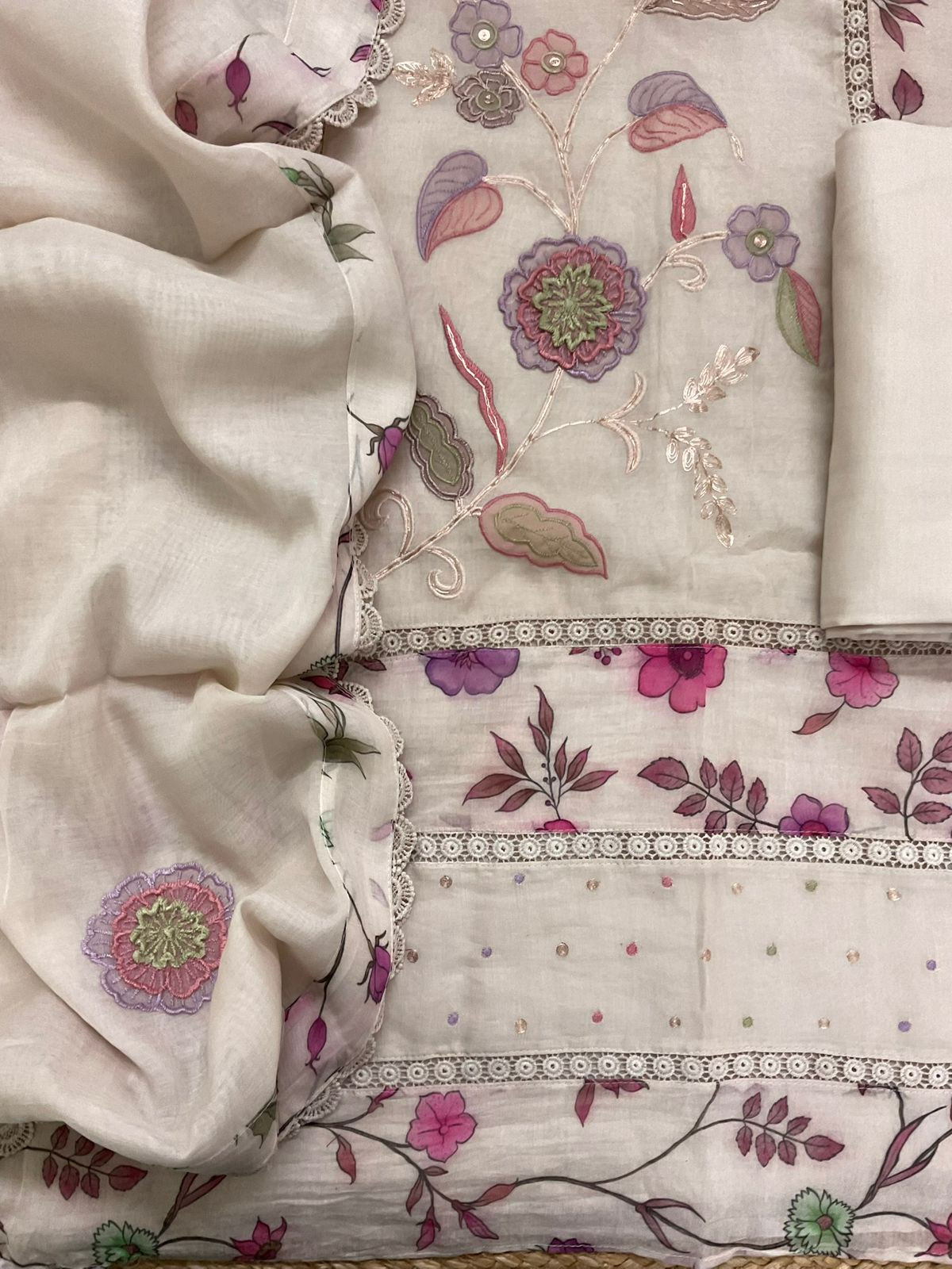 Pure Chanderi Printed Embroidered Suit - Light Beige