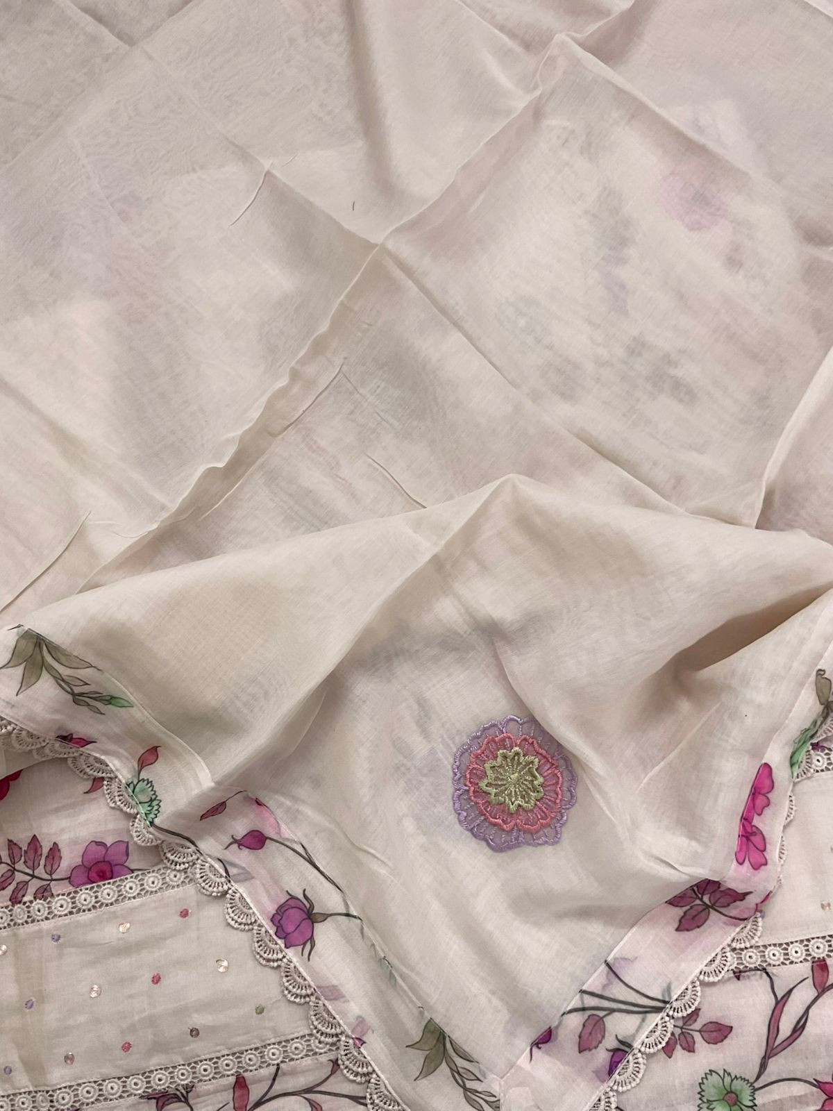 Pure Chanderi Printed Embroidered Suit - Light Beige