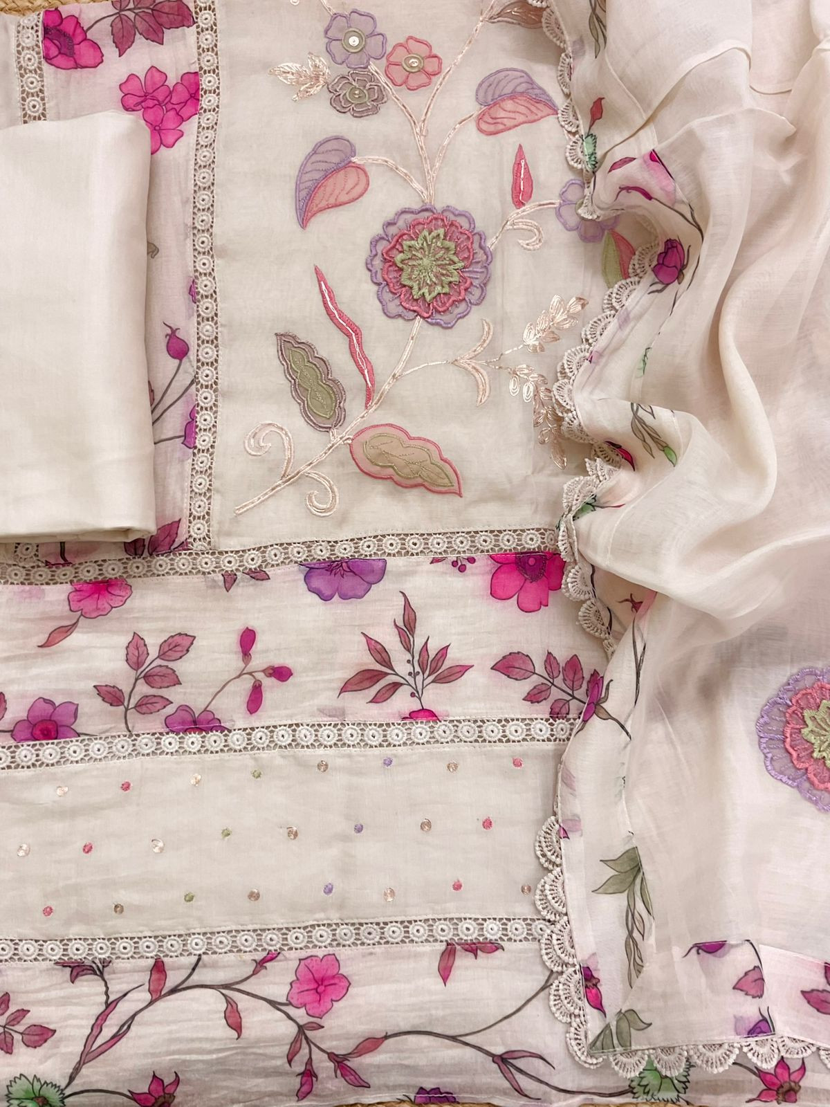 Pure Chanderi Printed Embroidered Suit - Light Beige