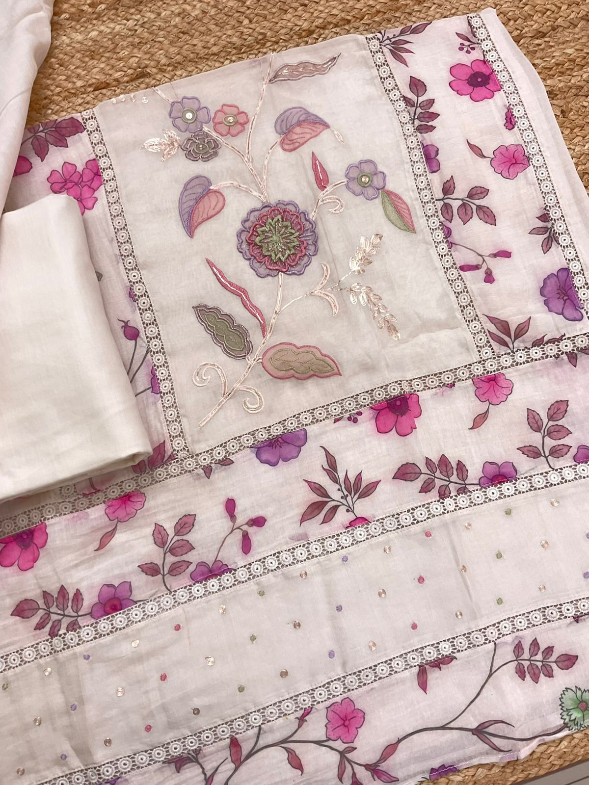 Pure Chanderi Printed Embroidered Suit - Light Beige