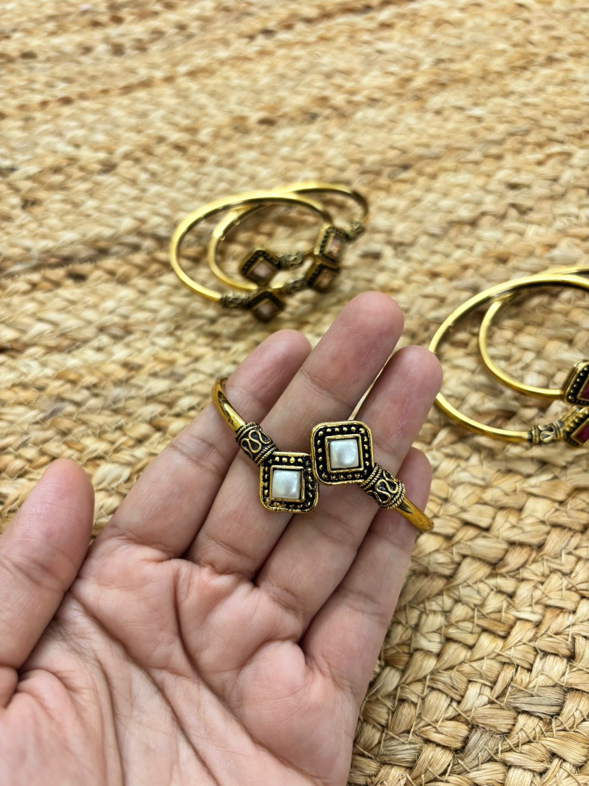 Metallic Oxidised Adjustable Gold Bangle - Pearl