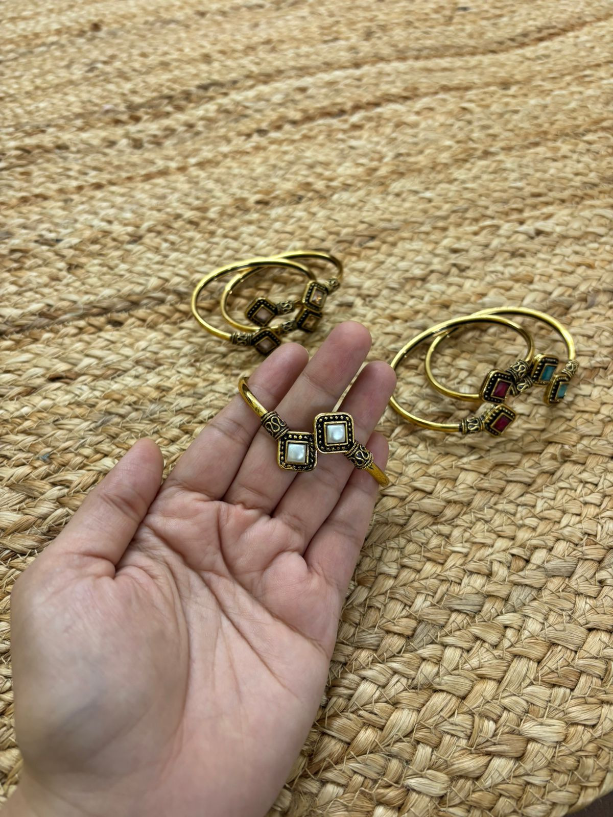 Metallic Oxidised Adjustable Gold Bangle - Pearl