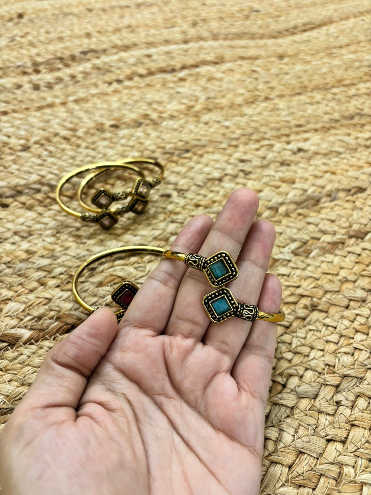 Metallic Oxidised Adjustable Gold Bangle - Sea Blue