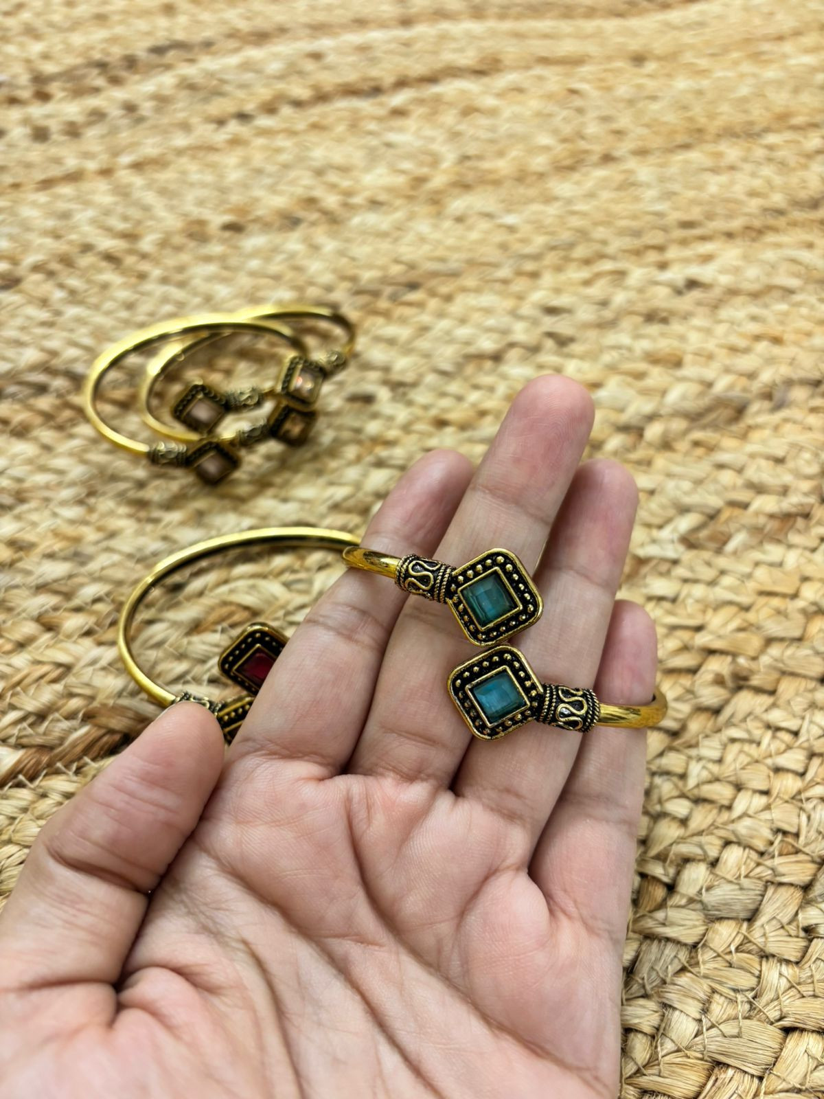 Metallic Oxidised Adjustable Gold Bangle - Sea Blue