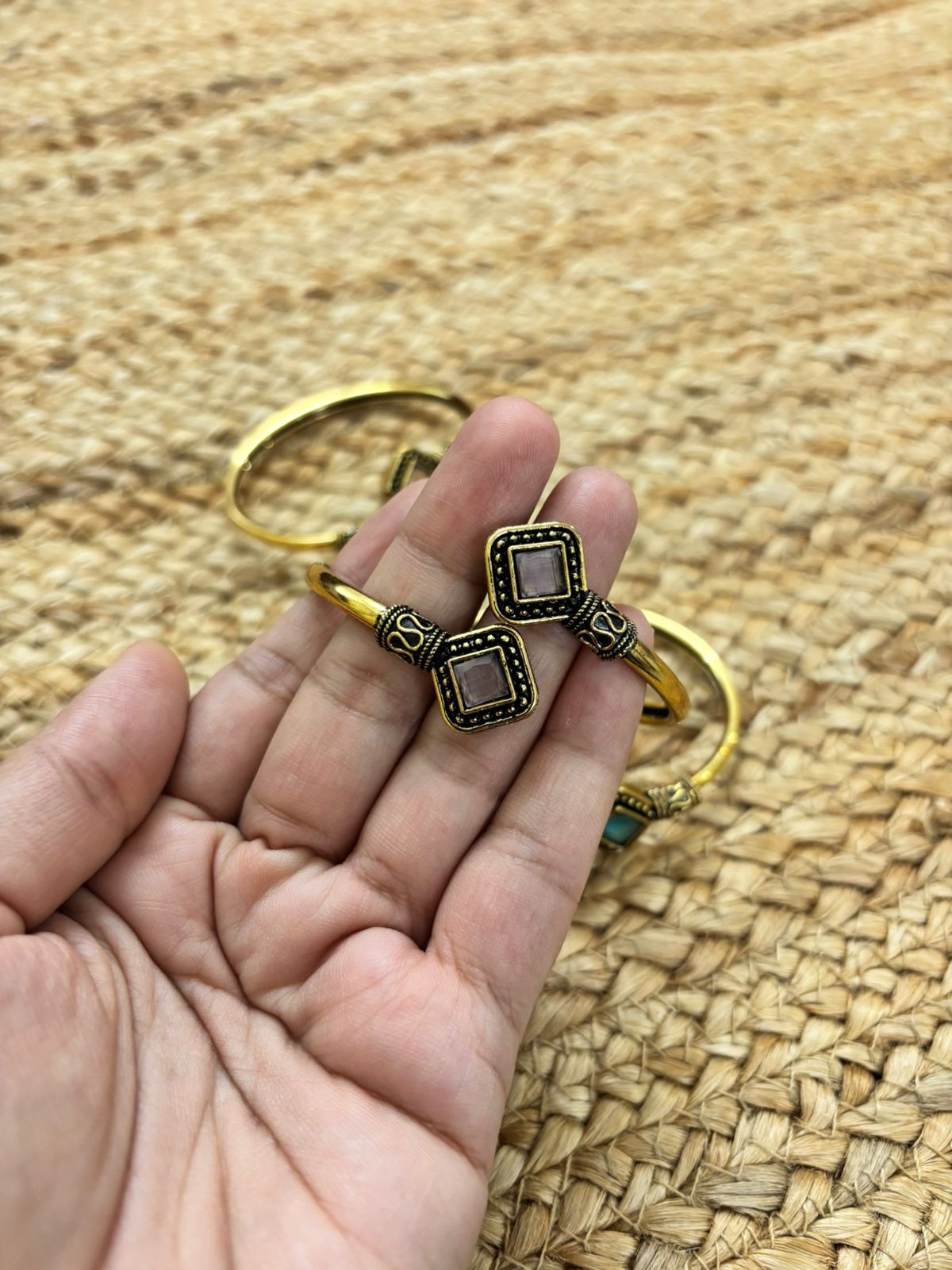 Metallic Oxidised Adjustable Gold Bangle - Pink