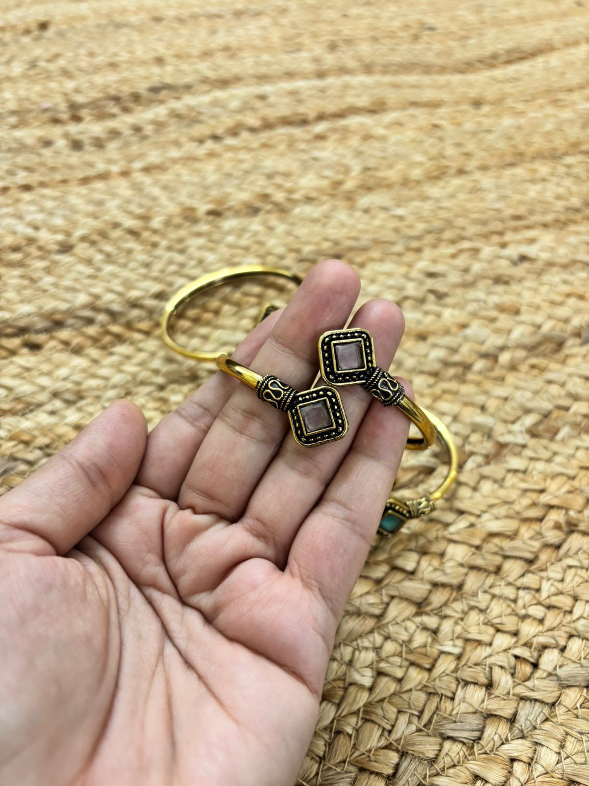 Metallic Oxidised Adjustable Gold Bangle - Pink