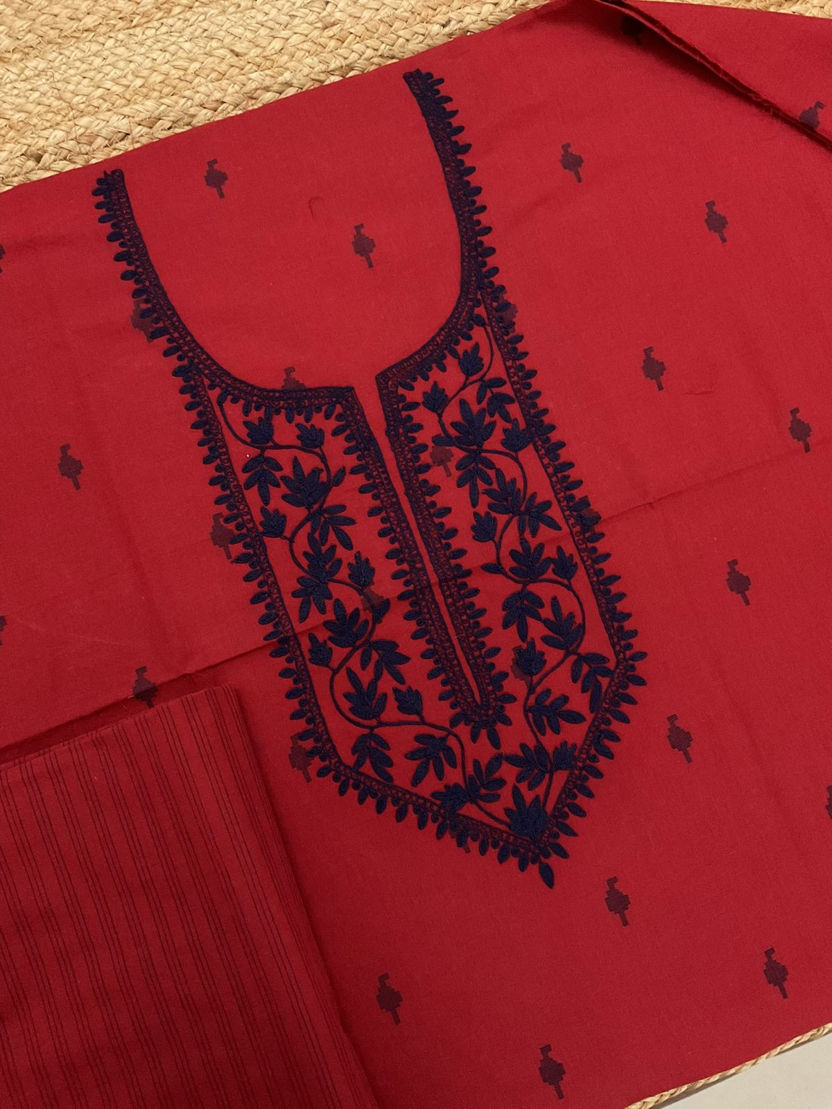 Pure Handloom Cotton Self Weaved Embroidered Suit - Red