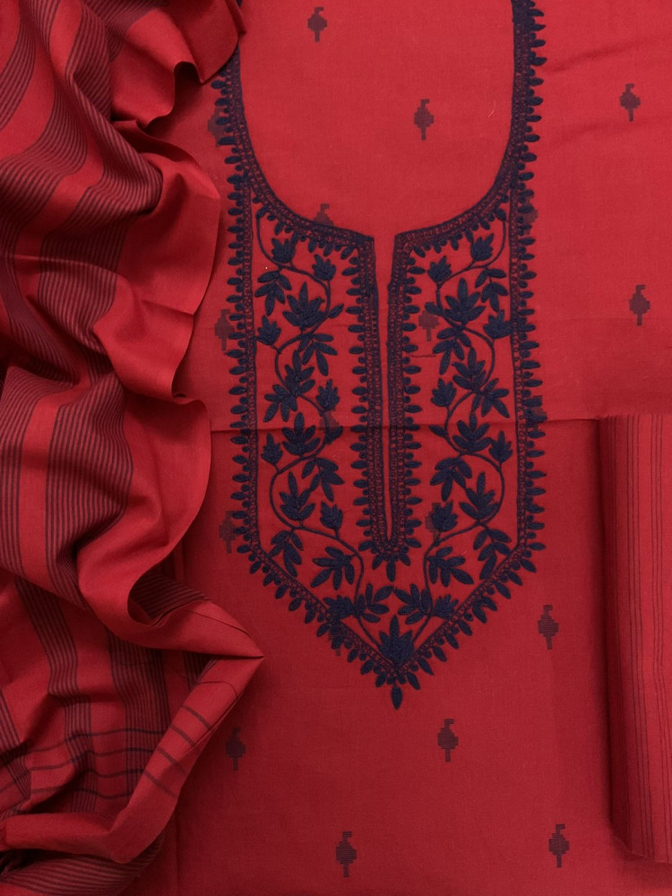 Image of Pure Handloom Cotton Self Weaved Embroidered Suit - Red