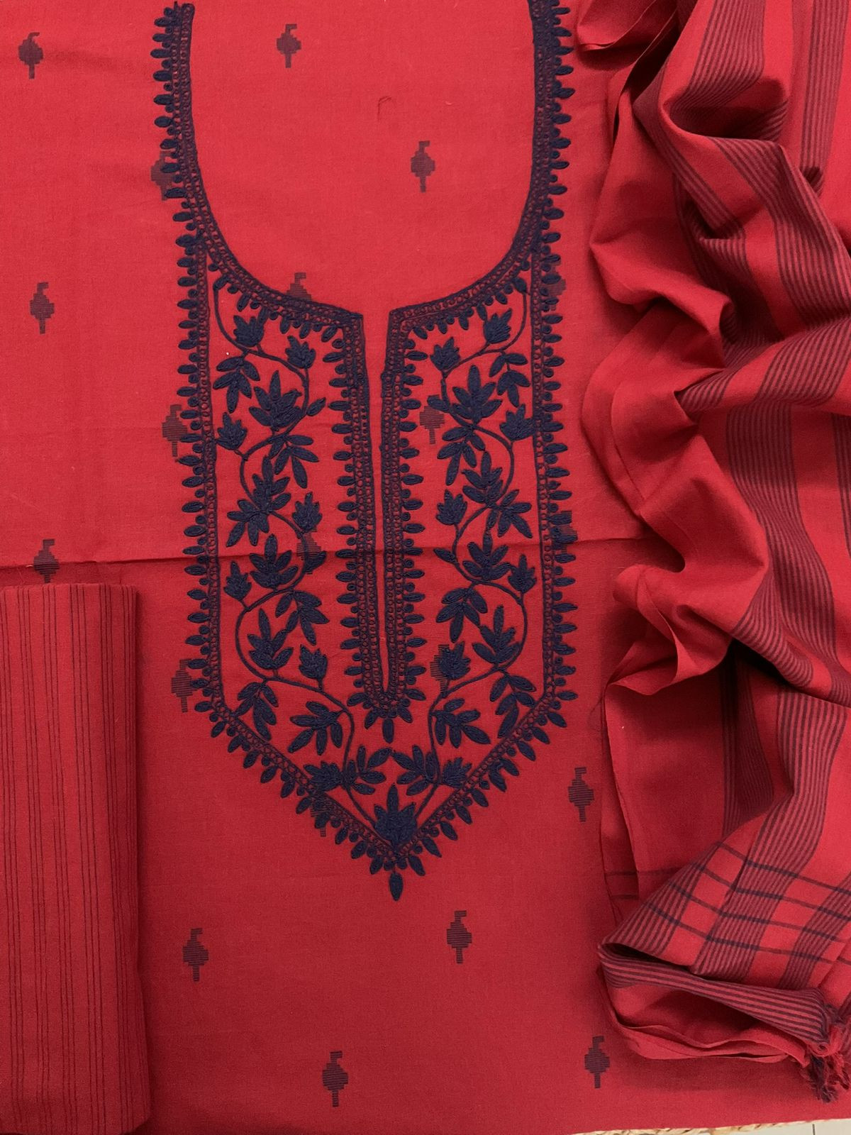 Pure Handloom Cotton Self Weaved Embroidered Suit - Red