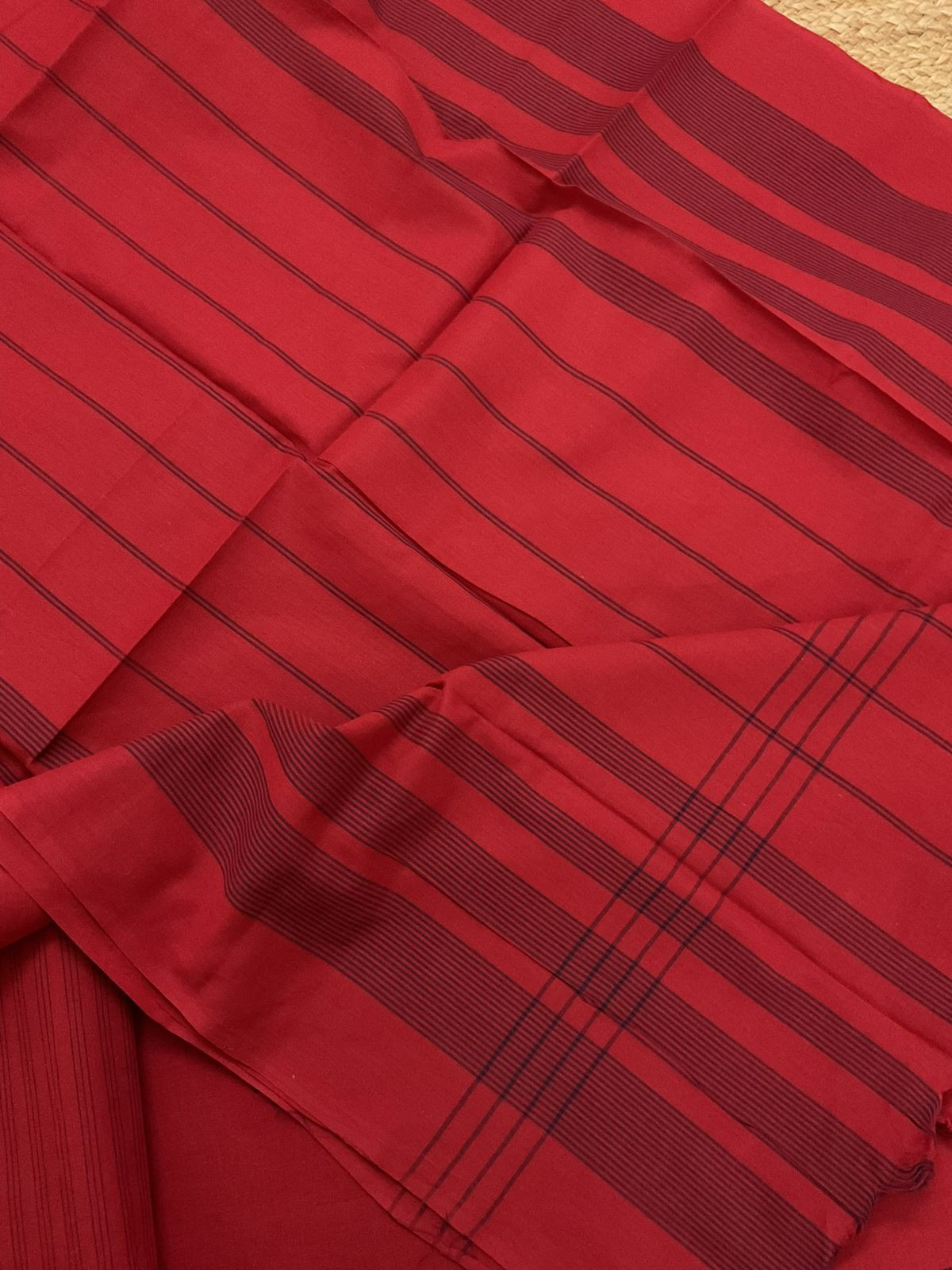 Pure Handloom Cotton Self Weaved Embroidered Suit - Red