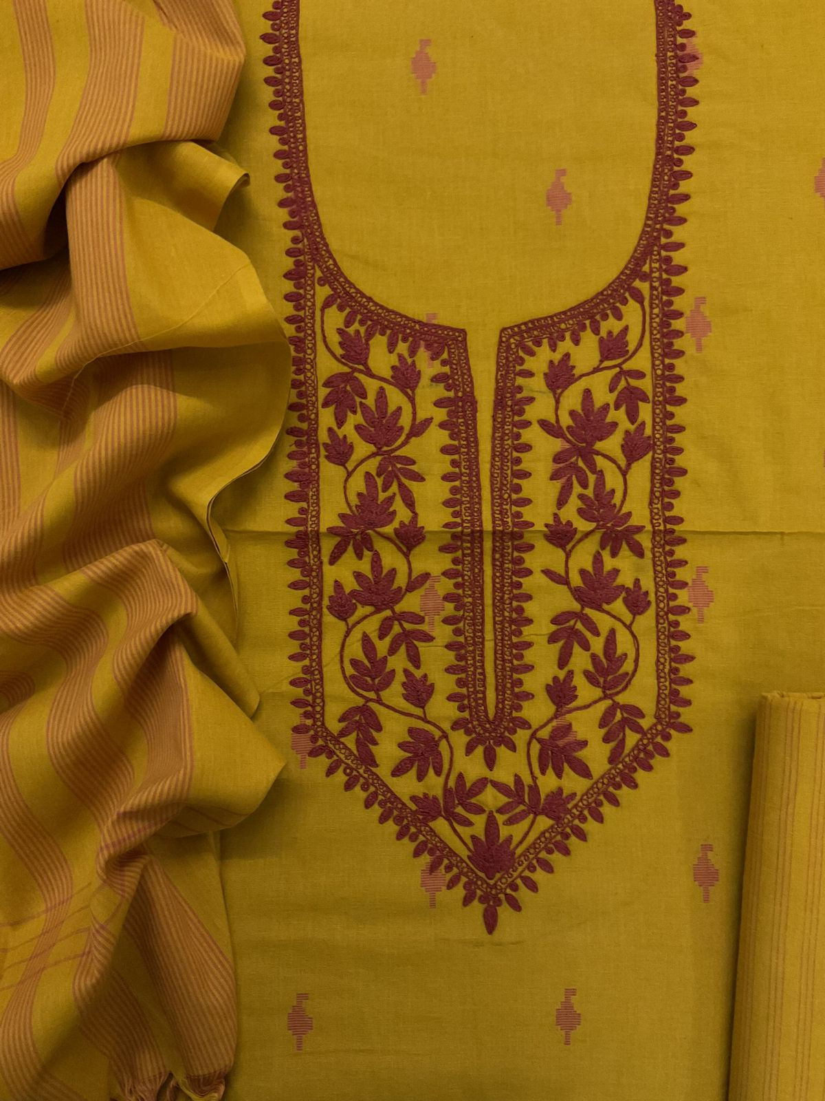 Pure Handloom Cotton Self Weaved Embroidered Suit - Yellow