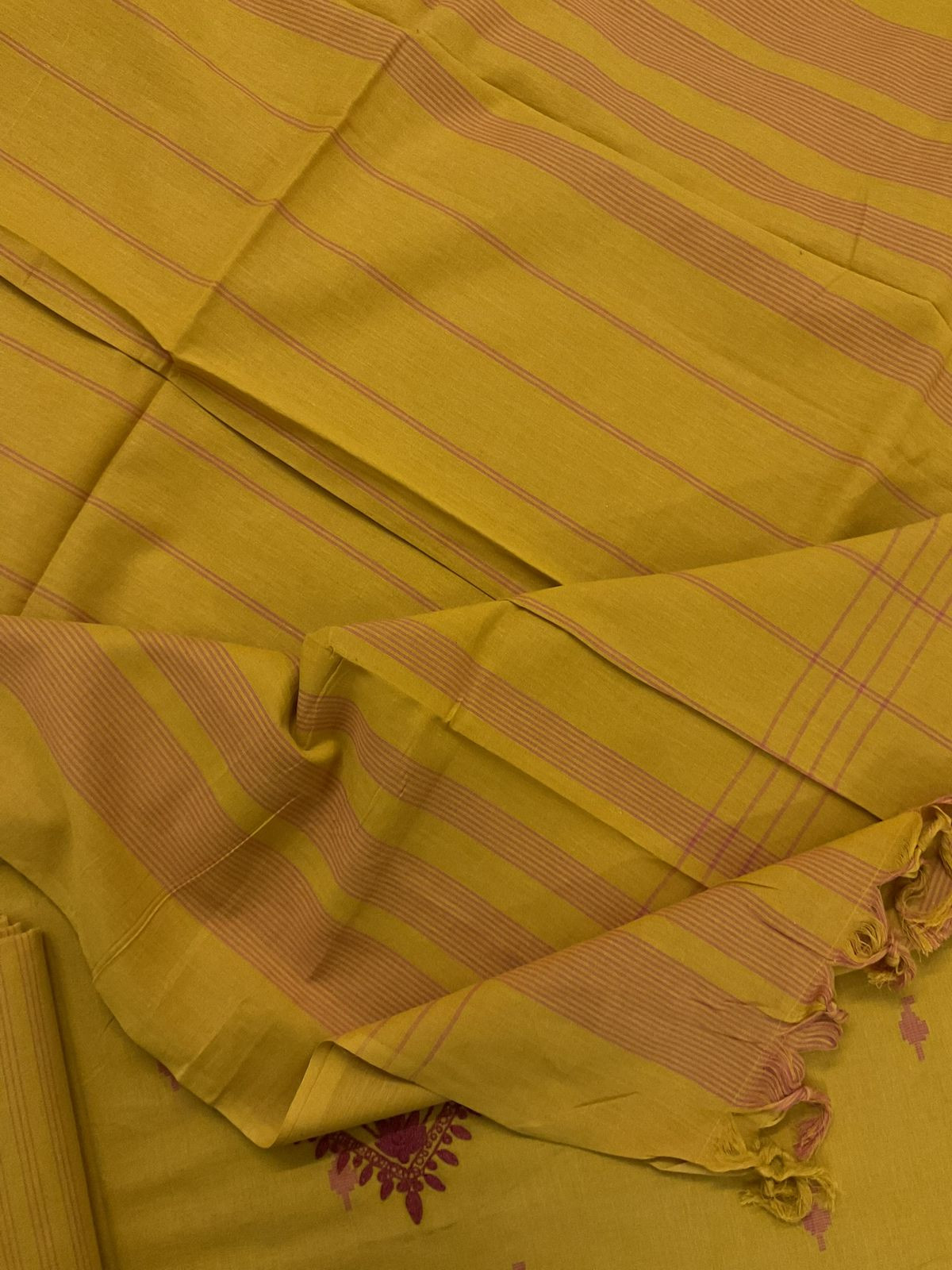 Pure Handloom Cotton Self Weaved Embroidered Suit - Yellow