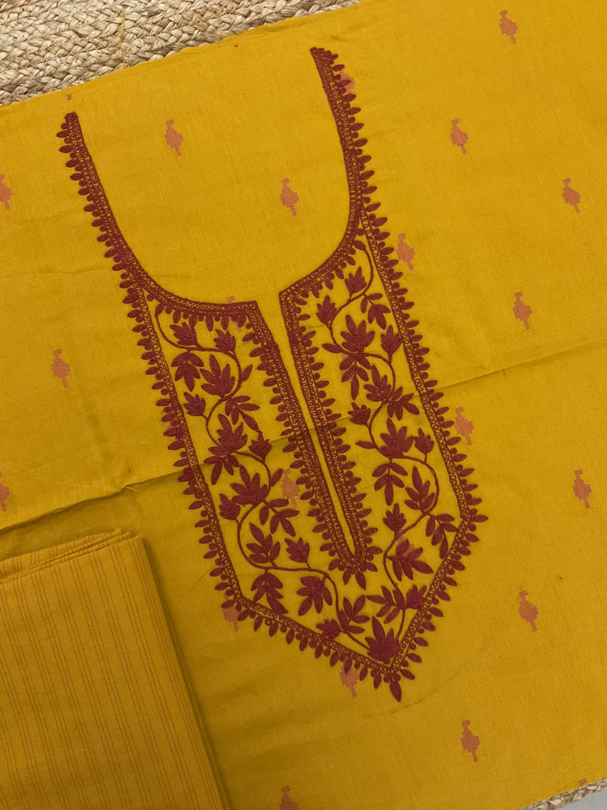Pure Handloom Cotton Self Weaved Embroidered Suit - Yellow