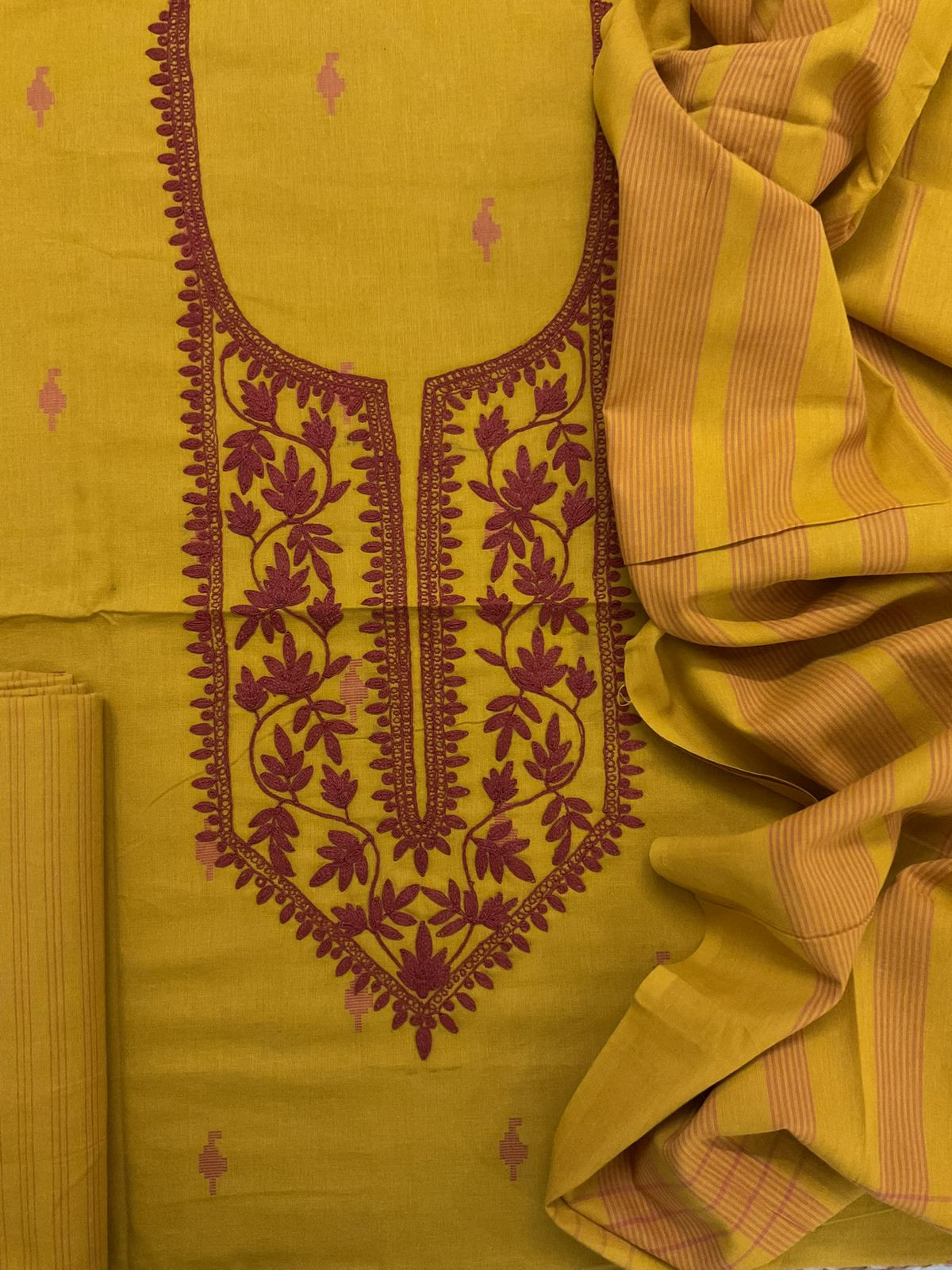 Pure Handloom Cotton Self Weaved Embroidered Suit - Yellow
